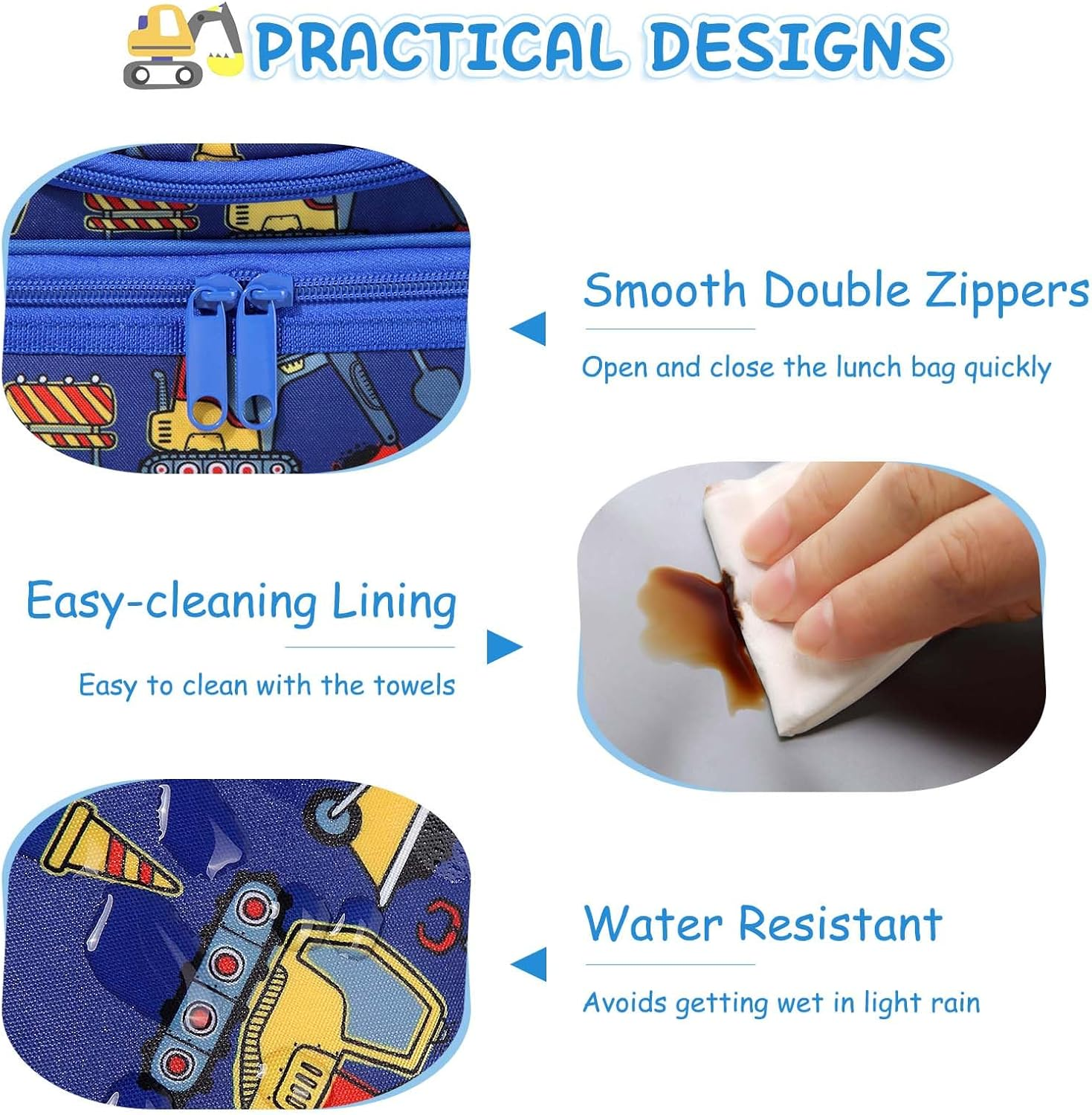 KASQO Lunch Box Bag for Kids, Insulated Lunch Bag Two Compartments Toddler Cooler Bag Lunch Tote Bag with Detachable Shoulders Strap for School Picnic， Blue Car