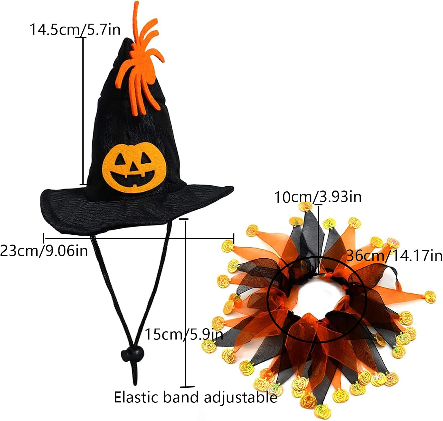 Pet Halloween Witch Hat Dog Cat Collar with Bell Collar Pumpkin Spider Web, Wheel Print Cloak for Cats/Small Dogs Halloween Pet Costume (A) image number 2