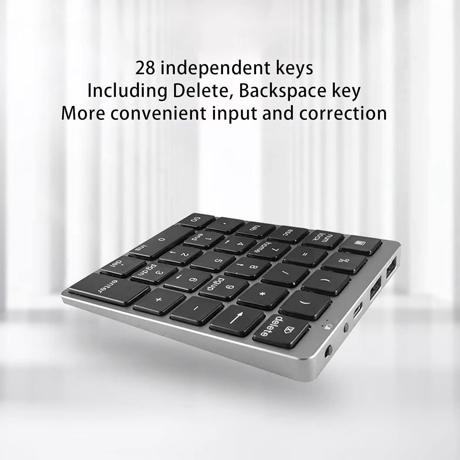 Portable 28-Key USB Numeric Keypad with Rechargeable Bluetooth​​, Thin Aluminium Number Pad for Laptop PC, Dark Grey - Dark Gray image number 3