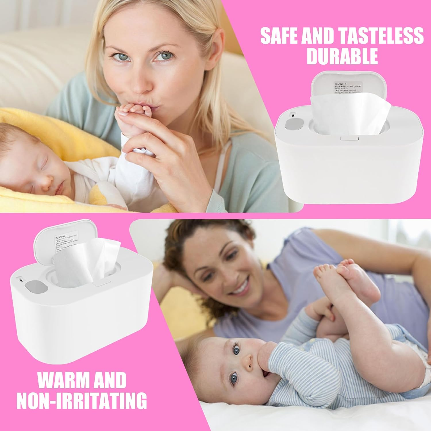 Newborn Wipe Warmer, Thermostat Baby Wipe Warmer and Wet Wipes Dispenser Portable Baby Wipes Dispenser Warmer Prevent Dry USB Baby Wipe Warmer for Car Home Baby Nursery 7.9&times;4.7&times;3.9 in (White) - Pink image number 1