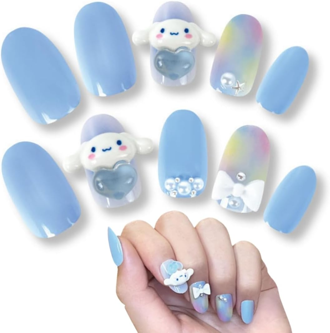 Sanrio Character Nail Tips, Peel and Stick 3D, Pack of 24, Short, Graduated Stones, Stylish, Girls, Popular, Removable, Kids, Adults