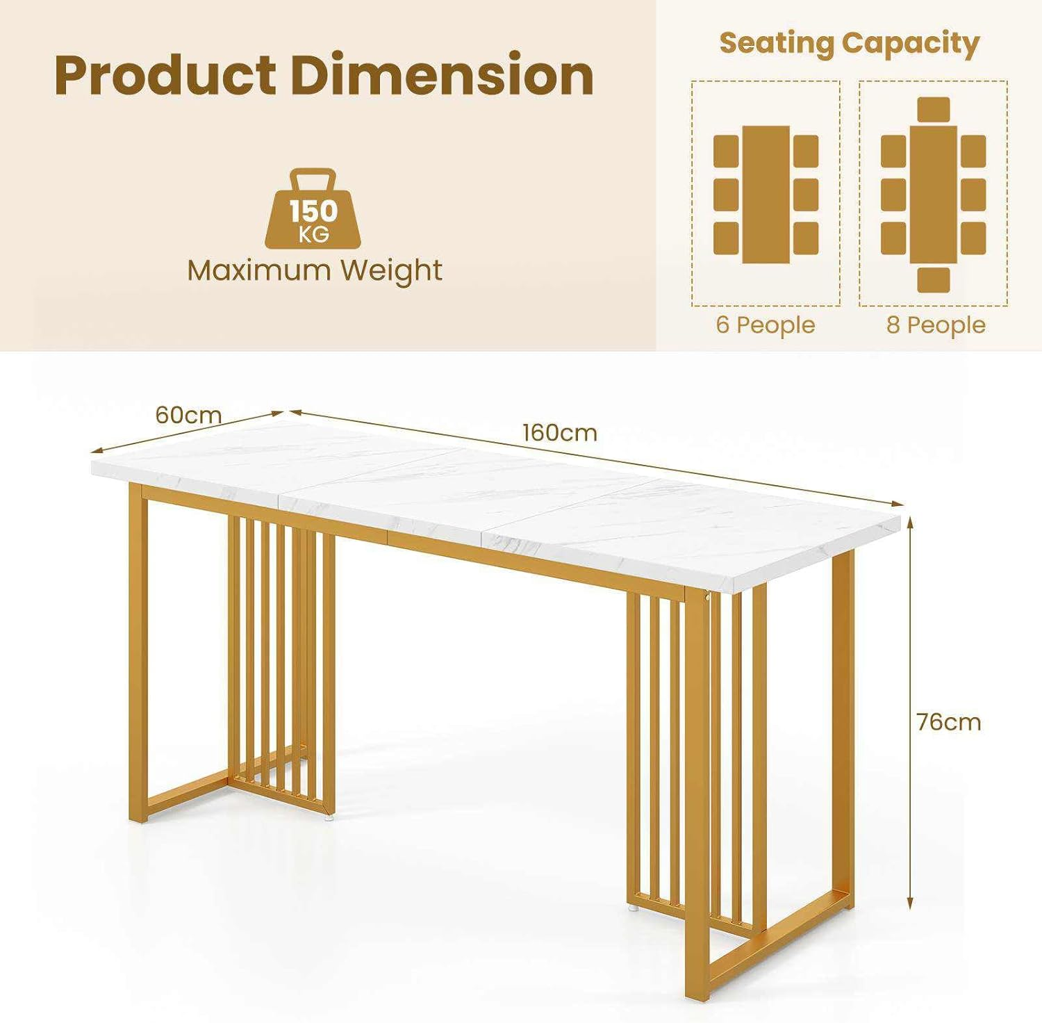 Giantex 160CM Modern Dining Table for 6-8 People, Rectangular Kitchen Table W/Faux Marble Tabletop, Metal Legs, Large Dinette Table for Dining Room, Living Room, Restaurant, Gold & White image number 1