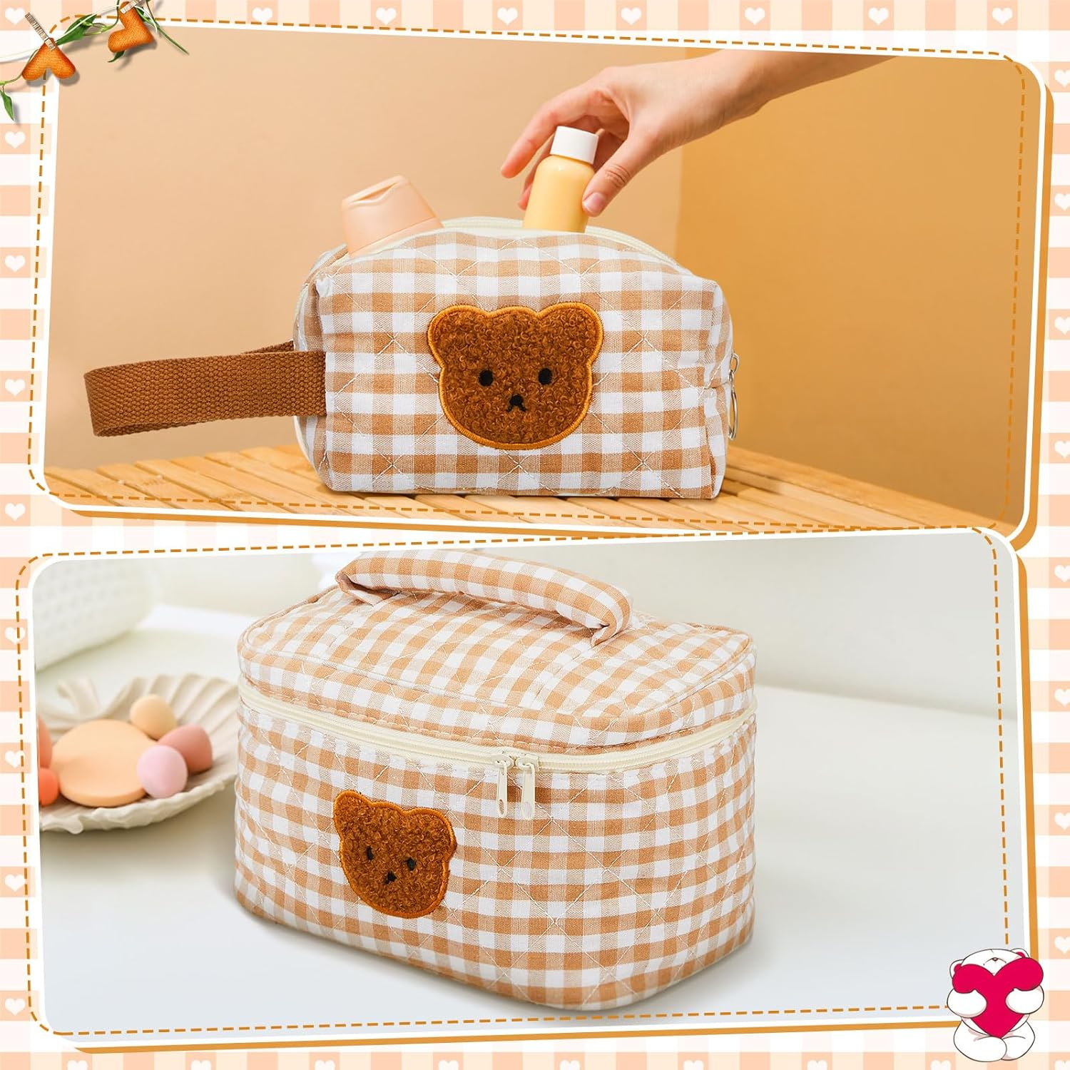 Zeyune 2 Pcs Cotton Quilted Makeup Bag, Large Travel Coquette Cosmetic Bag, Aesthetic Cute Floral Cherry Peony Toiletry Organizer Skincare Bag for Women Girls(Cute Bear Style), Brown image number 1