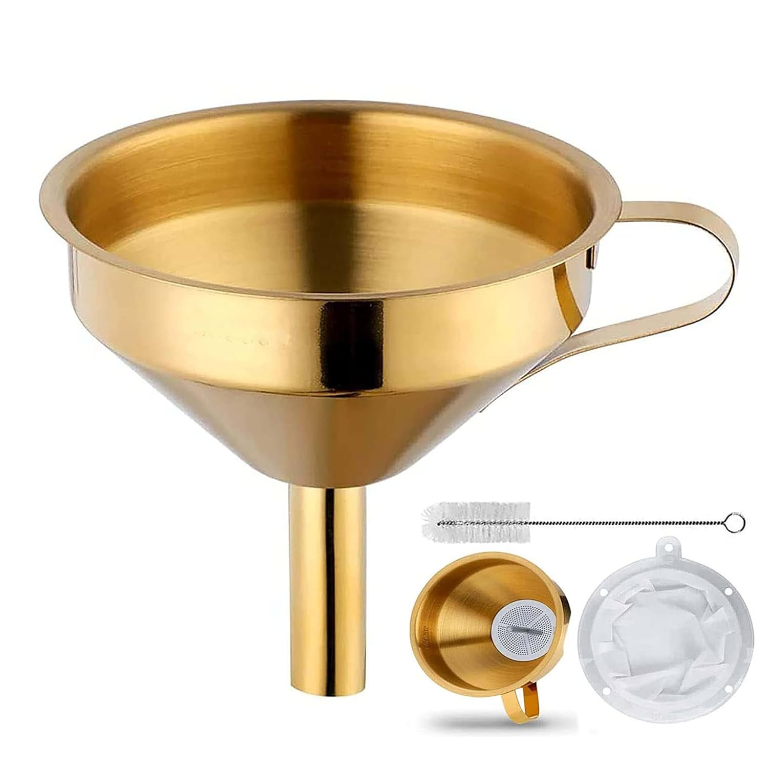 Stainless Steel Funnel Set Gold Kitchen Funnel Small Home Funnel 5 Inch Food Grade Metal Funnel with 2 Pcs Detachable Filter and 1 Pcs Cleaning Brush Perfect for Transfer Liquids and Powders -Gold image number 1