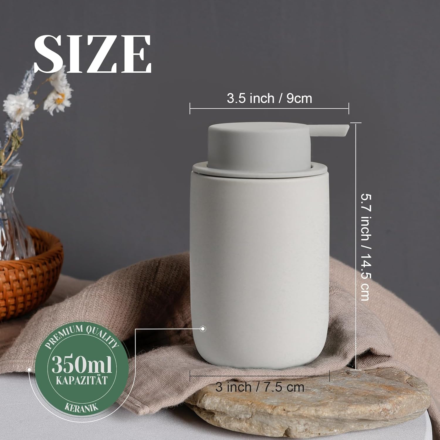 Autumnlife Ceramic Soap Dispenser Set, Grey, Pack of 2 Washing-Up Liquid Dispenser, 350 Ml Soap Dispenser with Large Pump and Label, Refillable Dish Soap Dispenser, Suitable for Kitchen, Bathroom, - Blue - Liquid image number 3