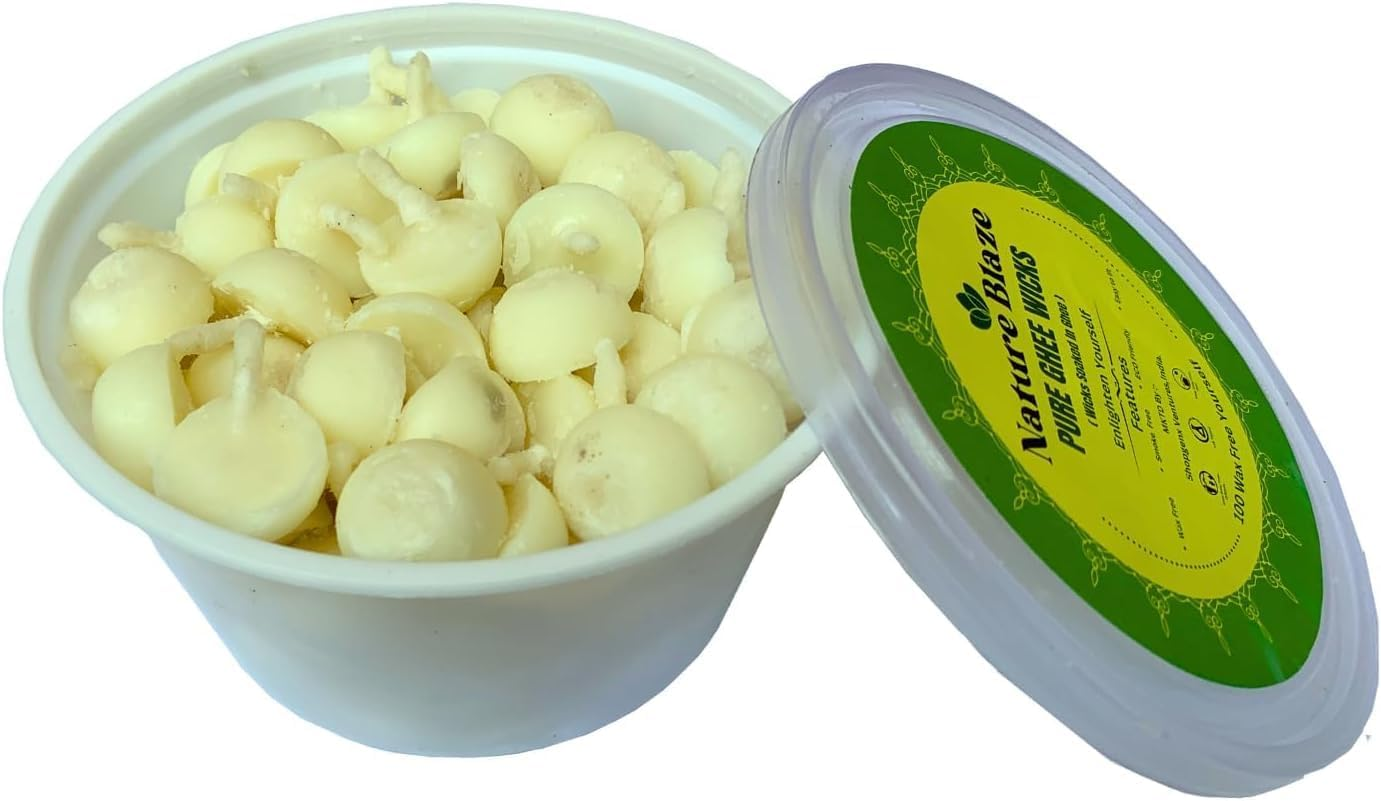 Neture Blaze Wicks Diya Batti | Wax Free Ghee Wicks for Pooja, Festival and Occasions 100 Pieces (Ghee Wicks in Plastic Box)