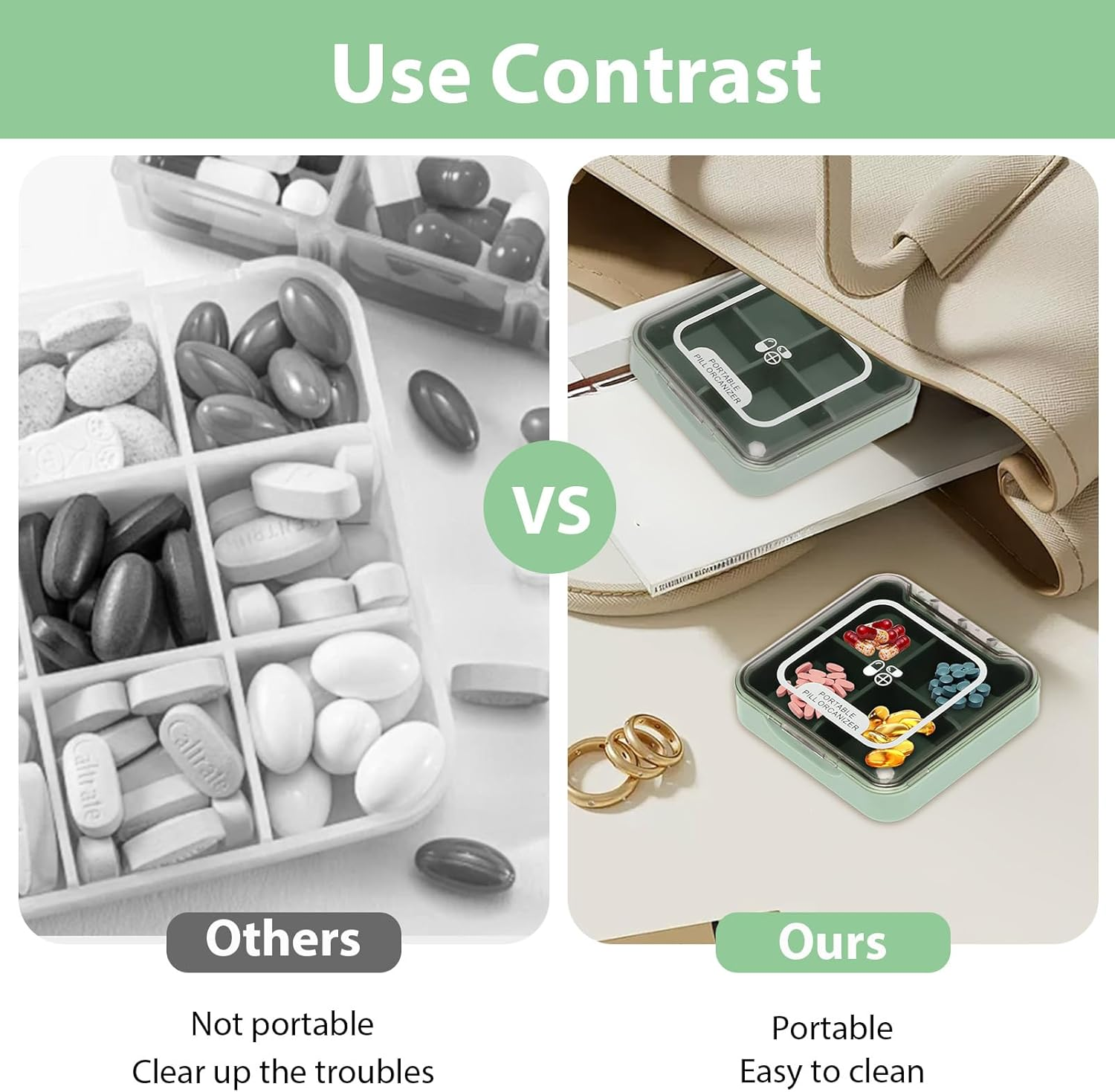 Small Pill Organiser, 4 Compartments Portable Travel Pill Organizer, Sealed Moisture-Proof, Medicine Box for Fish Oil Vitamins Supplements for Daily Travel Work People Carry image number 1