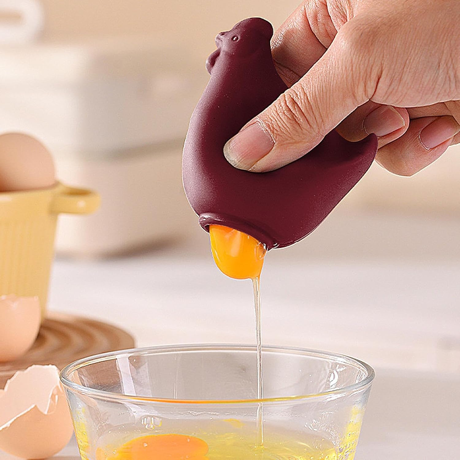 Egg Yolk Separator, Egg Strainer, Silicone Filter Gadgets for Home Baking Chef Outdoor Cooking Restaurant Most Bowl Sizes - Dark Red image number 4