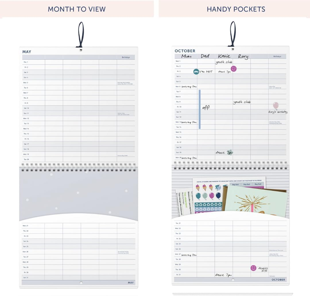 Busy B Family Wall Calendar 2025 &ndash; Birds Design with 5 Columns & Storage Pockets - Monthly 2025 Calendar for Busy Families with Colour-Coded Stickers - 25.5 X 23.5Cm image number 5