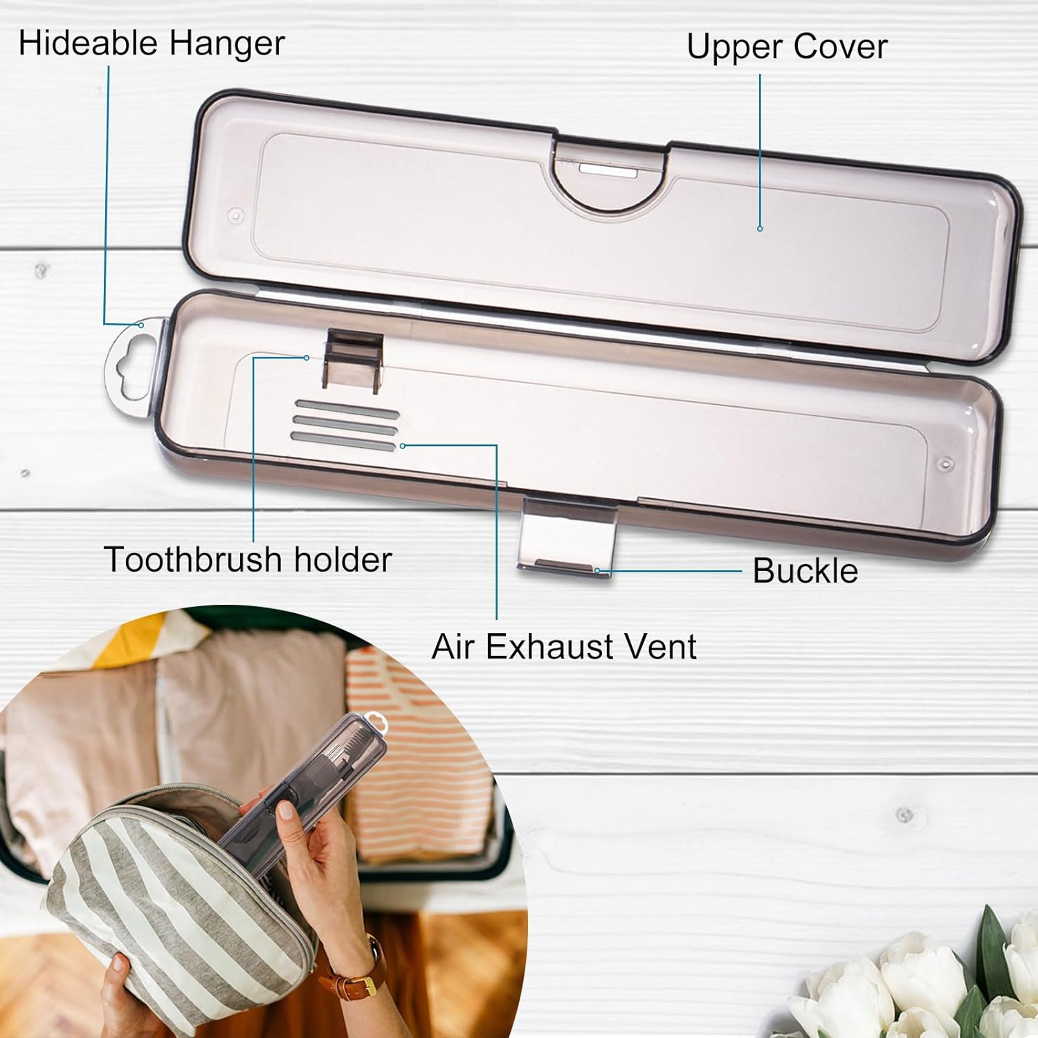 Yeeco Toothbrush Case 2 Packs, Transparent Black Toothbrush Travel Case, Plastic Toothbrush Holder Travel Size, 7.87 X 1.85 X 1.18 Inches Portable Toothbrush Case for Traveling - Transparent Black image number 5