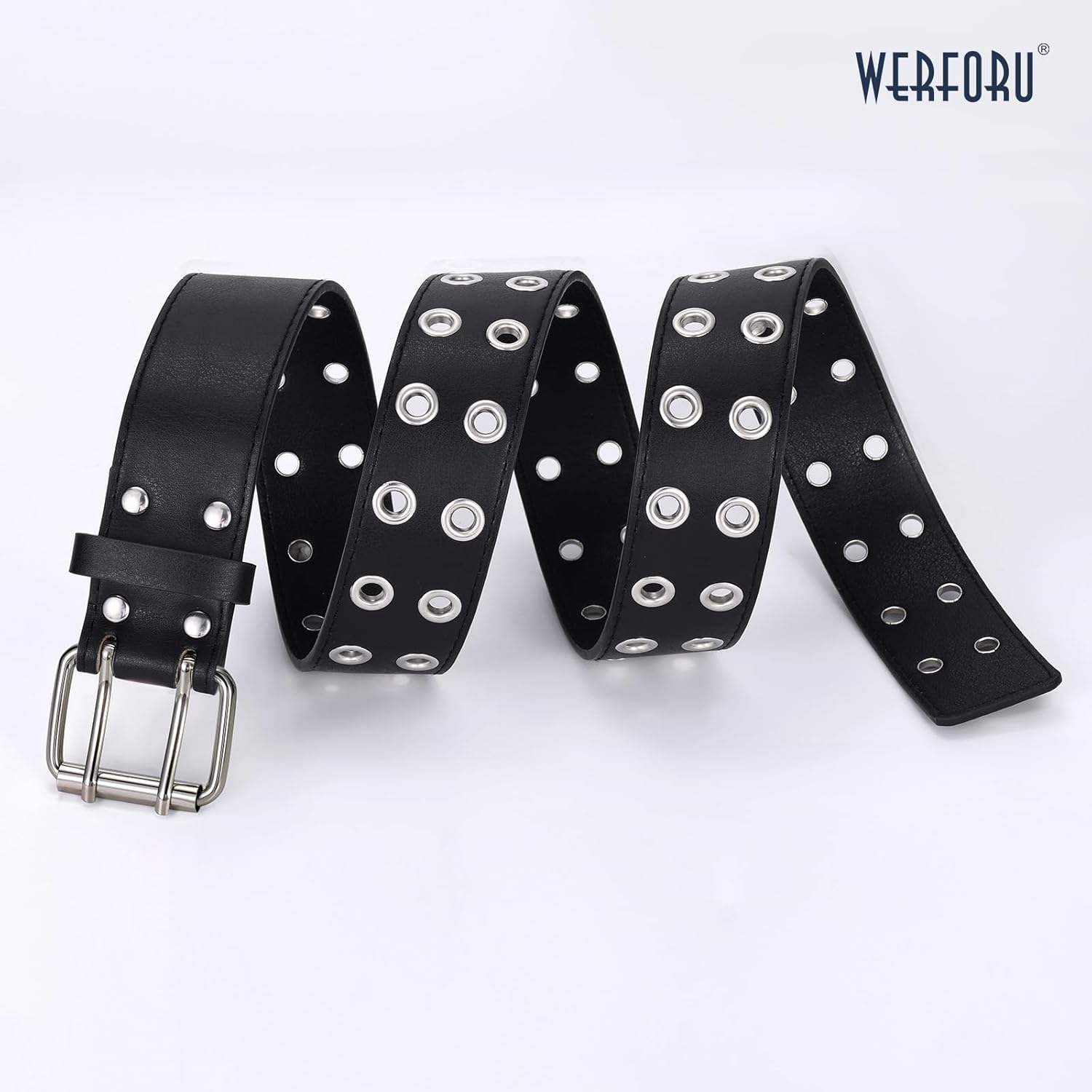 Double Grommet Belt PU Leather Double Prong Belt Buckle for Women Men Jeans by WERFORU - - Suit for Pant below 34" image number 5