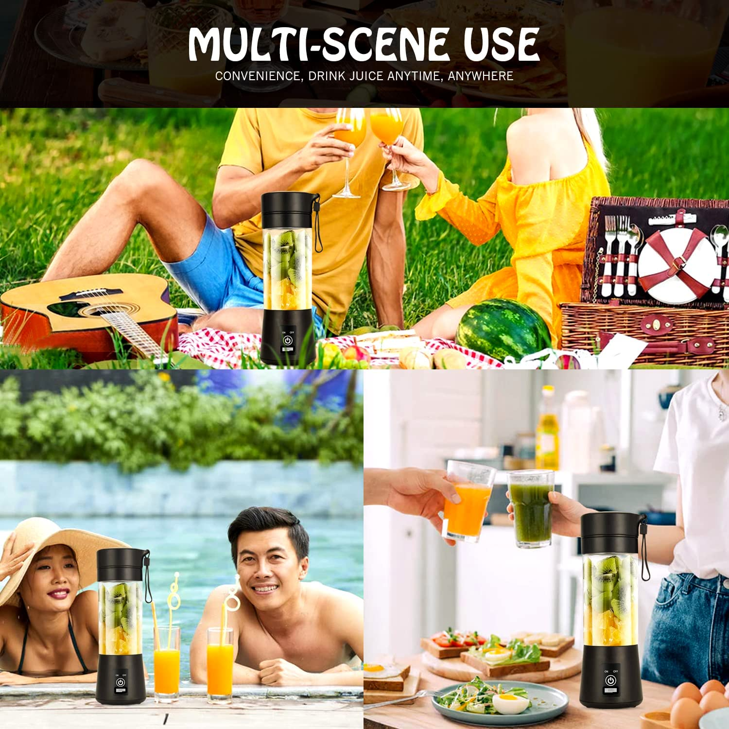 Portable Juice Blenders, 6-Blade Portable Personal Juice Blender Machines Extractor Household Fruit Smoothie Milkshake Mixer with Micro USB Rechargeable for Travel Outdoors, Office, Picnic, Fitness Center, SAA AU Standard (Black) image number 2