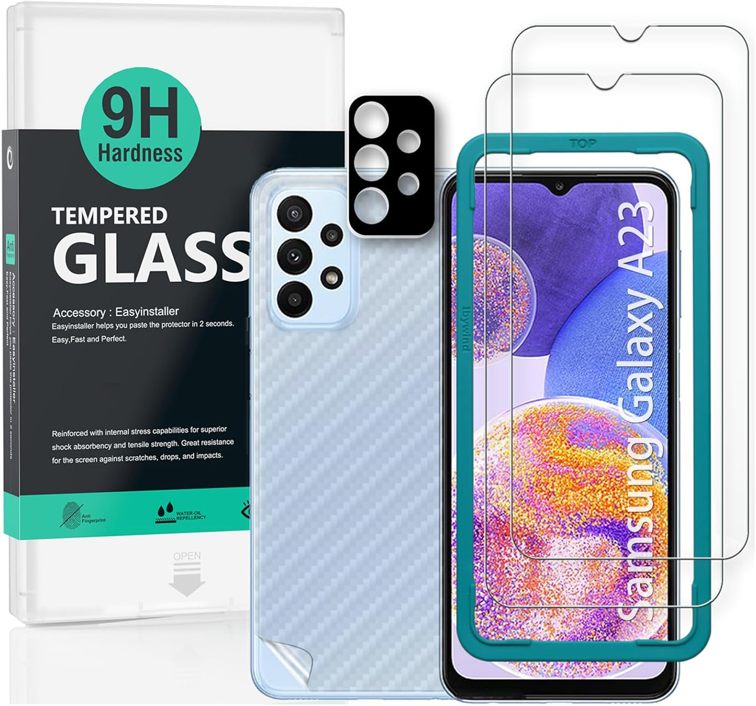 IBYWIND Screen Protector for Samsung Galaxy A23 4G/A23 5G(6.6 Inches),With 2Pcs Tempered Glass,1Pc Camera Lens Protector,1Pc Backing Carbon Fiber Film[Fingerprint Reader,Easy to Install] image number 1