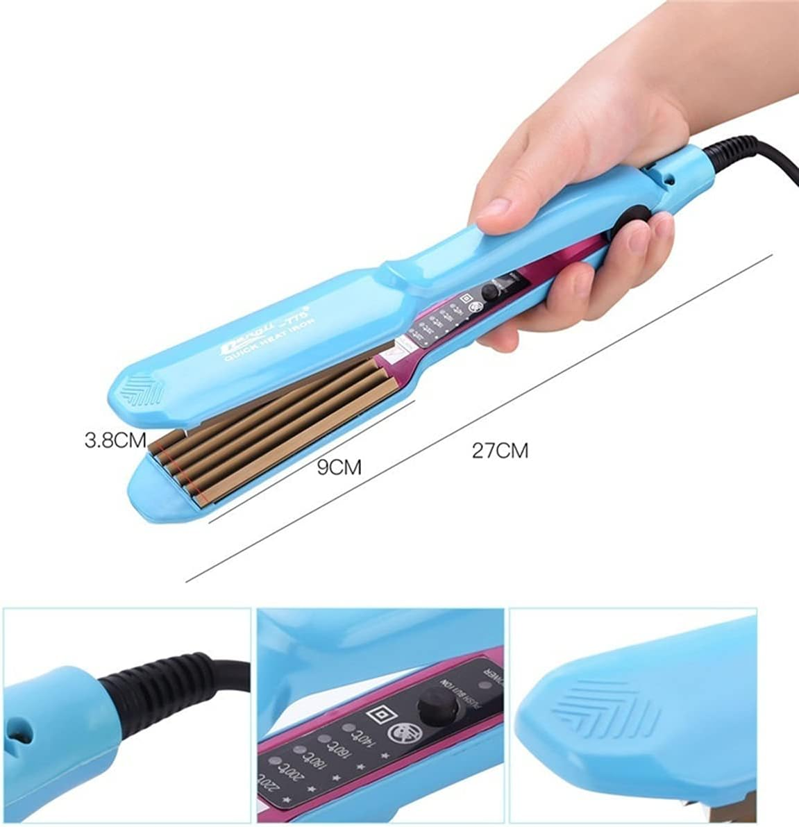 Corrugated Iron Crimped Hair Waving Iron Electric Hair Crimper Curler Irons Beauty Styling Tools Dry & Wet Use with Temperature Control (Blue) image number 3