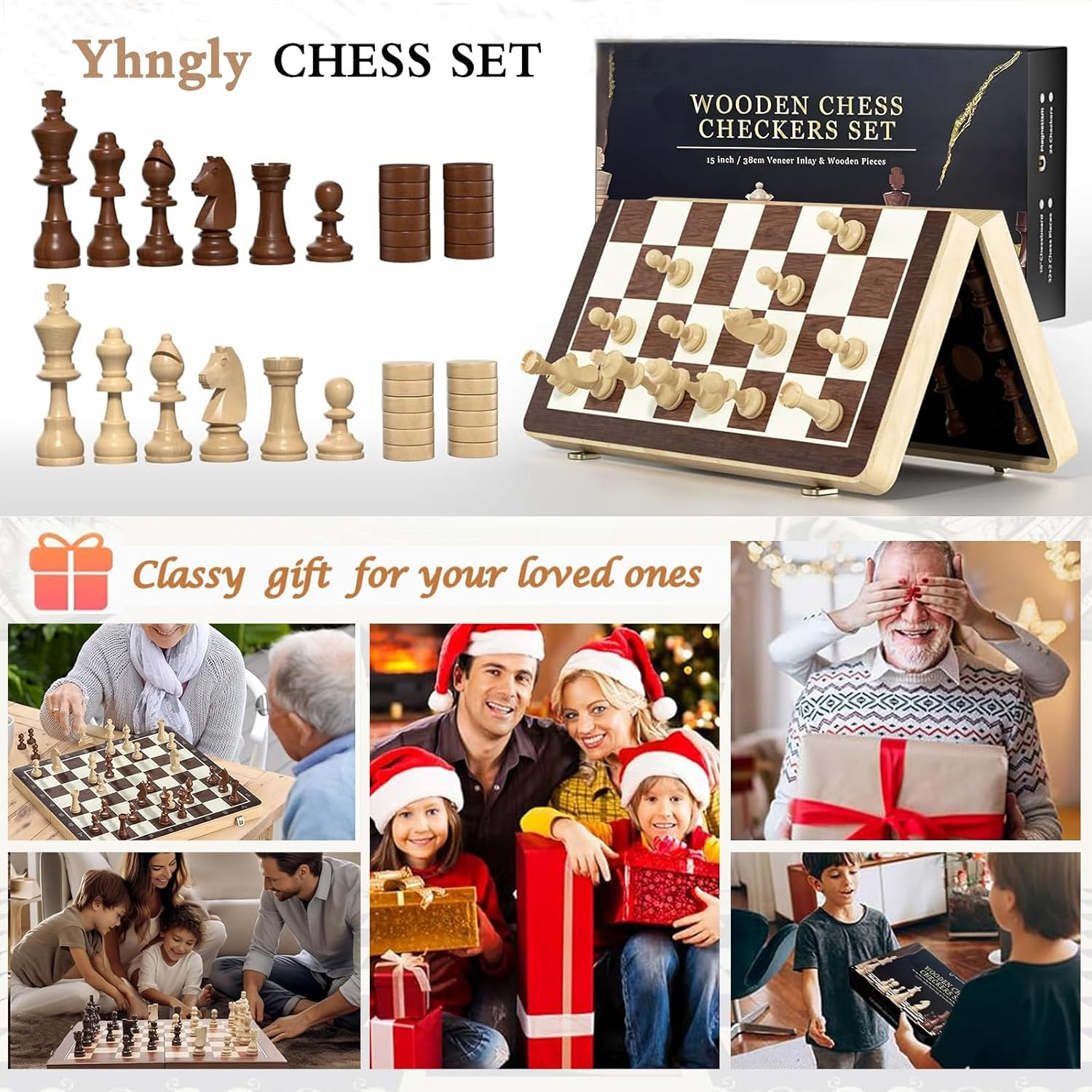 Chess Board Set with Checkers - 15.35" Wooden Chess Board Game Travel Chess for Adults & Kids, Chess Gift Toys for Boys Girls (15.35&ldquo;)