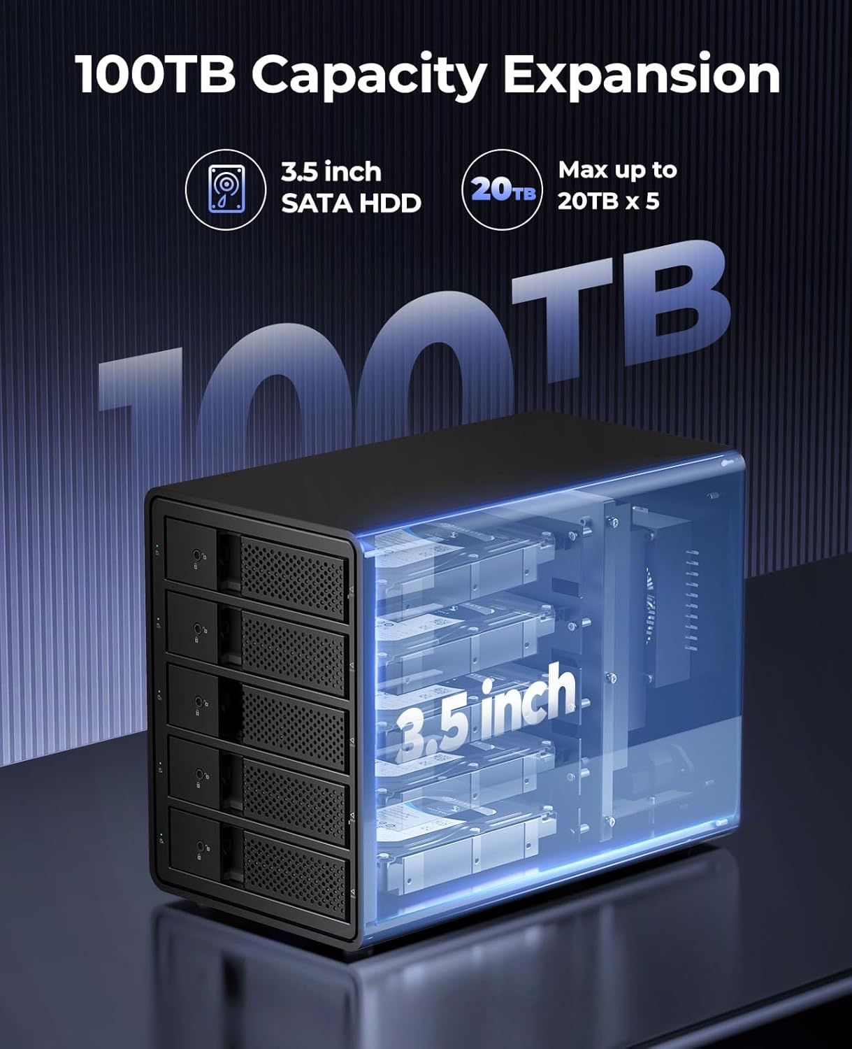 ORICO 5 Bay USB 3.0 to SATA External Hard Drive Enclosure for 3.5 Inch HDD Support 80TB (5 X 16TB) Aluminum Alloy RAID Enclosure Support RAID Mode Storage with Fan Tool Free (5 Bay) image number 3