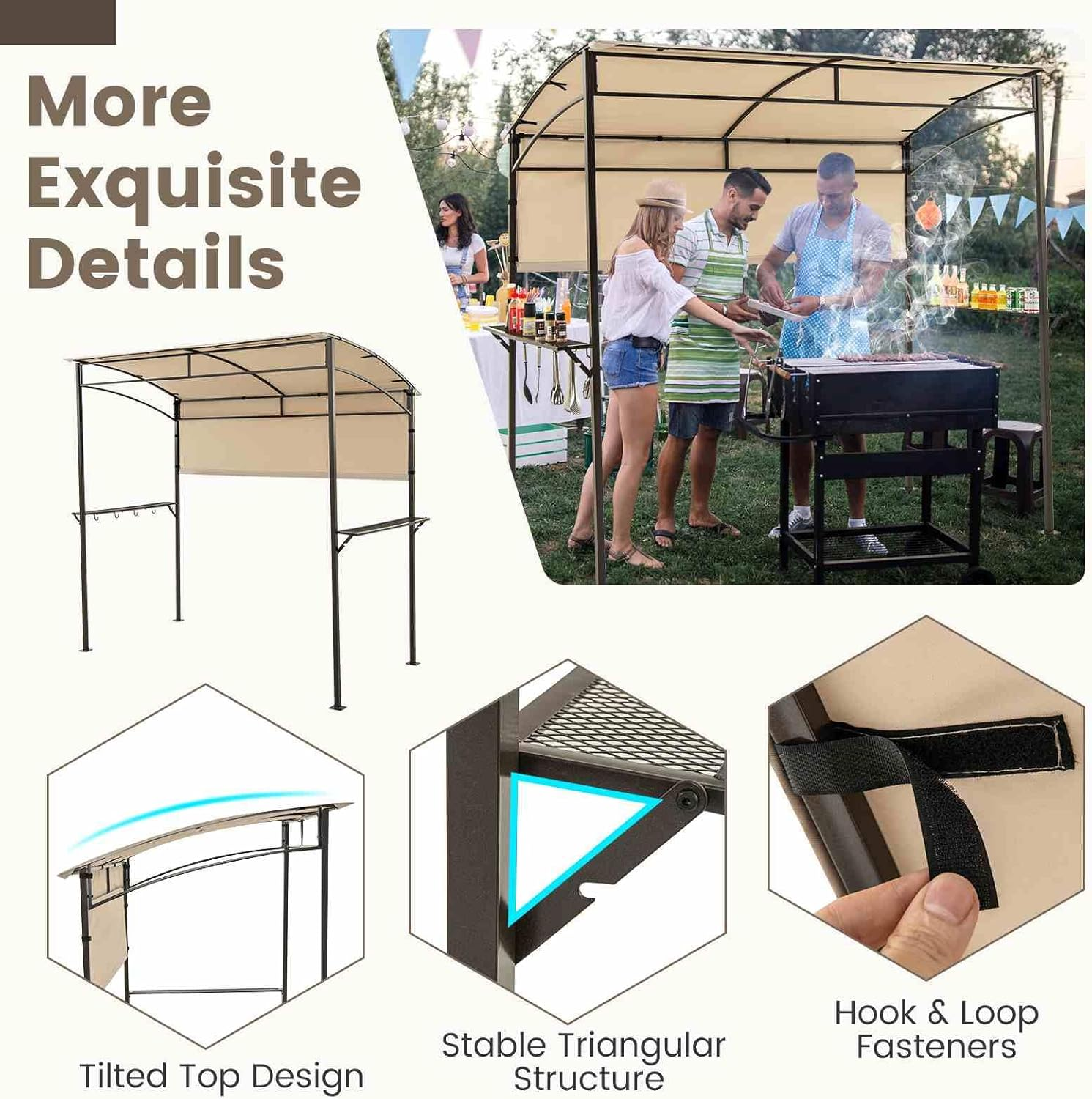 Costway 238 X 134 Cm Grill Gazebo, Outdoor Patio BBQ Canopy W/Steel Shelves, Hooks, Bottle Openers, Extra Shadow, Soft Top Barbecue Picnic Tent Shelter for Backyard Deck Garden Lawn, Sun-Protective image number 5