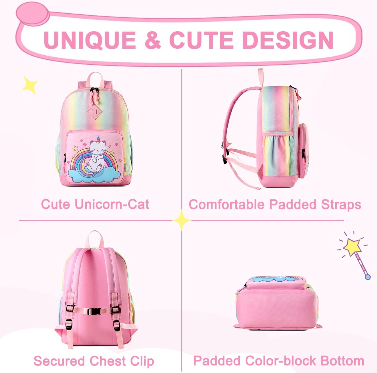 Backpack for Little Girls, VASCHY Cute Rainbow Lightweight Water Resistant Toddler Preschool Kindergarten Backpacks for Kids with Chest Strap - Mermaid Unicorn image number 6