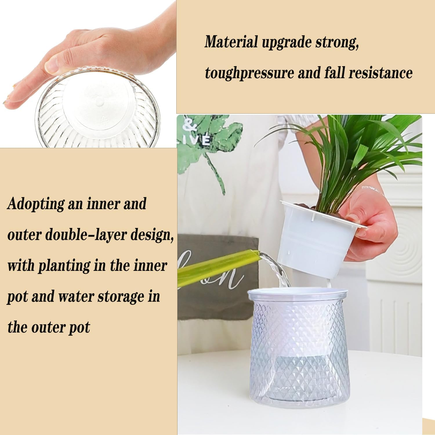 4 PCS Self-Watering Hydroponic Planters with Wick Rope, Self Watering Plant Pot with Reservoir, Indoor Clear Plastic Flowers Pots, Automatic Watering Nursery System for Small Plants, African Violet image number 3