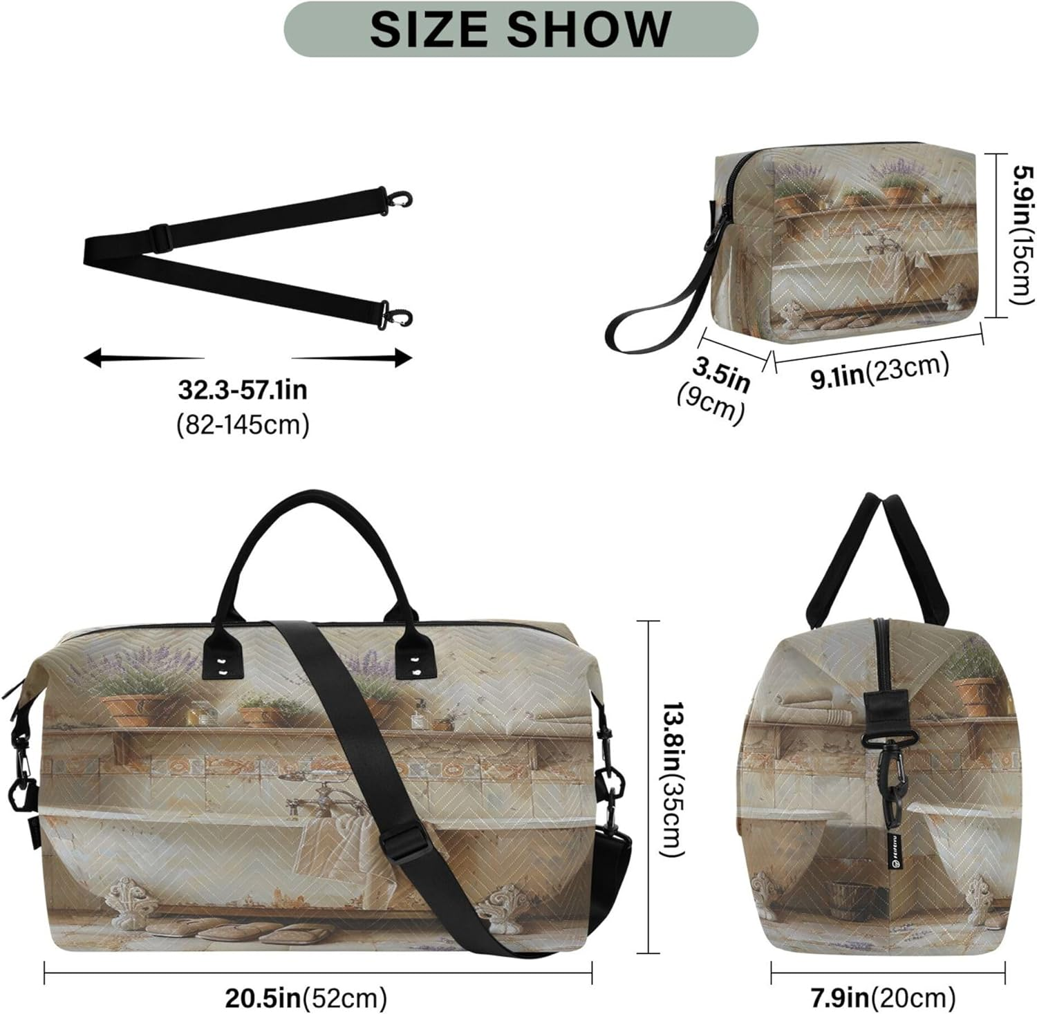 Travel Duffel Bag Travel Tote Gym Bag Overnight Bag with Toiletry Bag for Sports Foldable Elegant Bathtub with Vintage Tiles, Multi, 1 Size, Modern/Fitted, Multi, 1 Size, Modern/Fitted image number 3