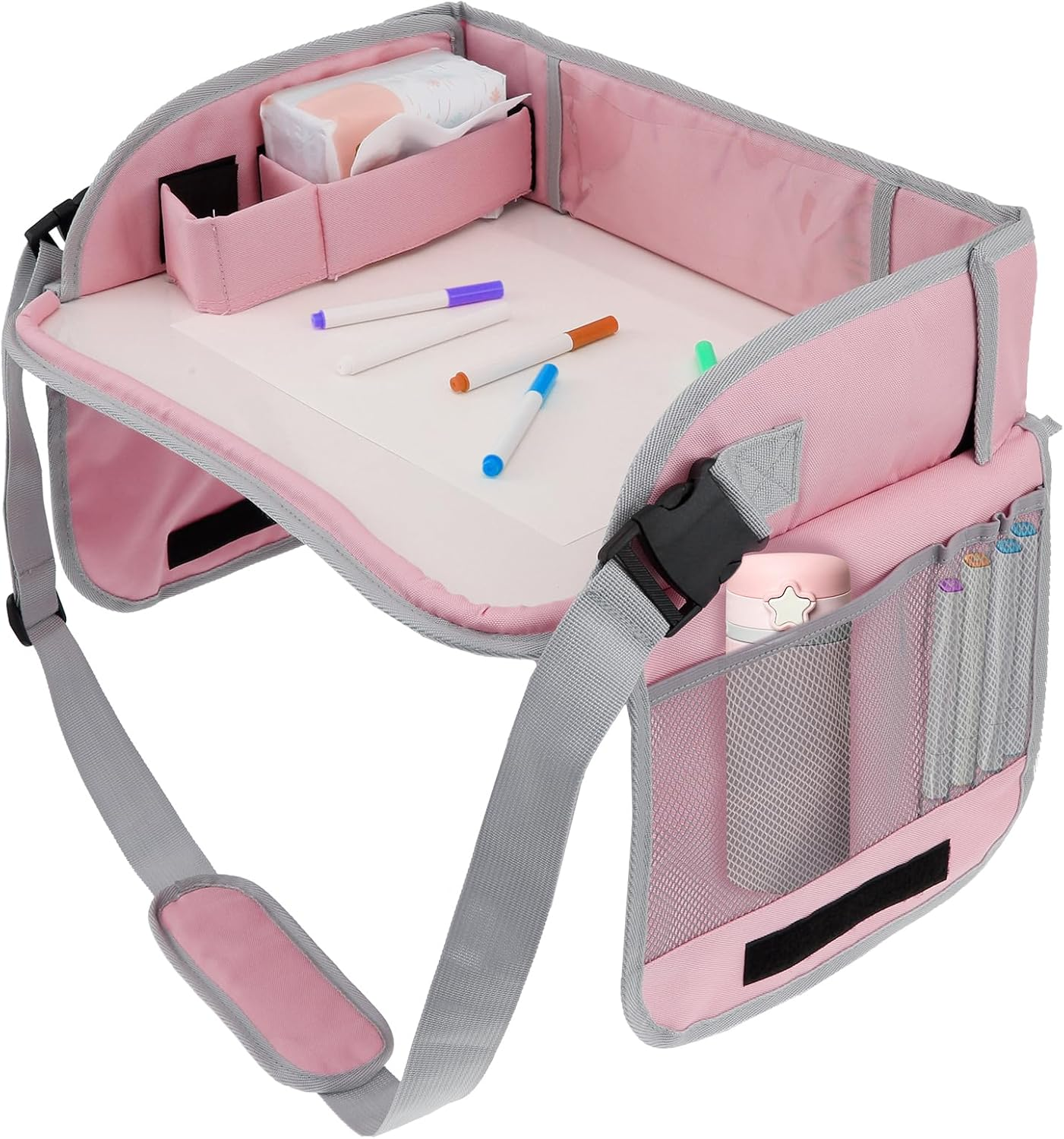 Car Seat Tray Enduring Kids Travel Tray Easy to Install Car Seat Table Tray with Adjustable Strap Portable Easy to Clean Car Seat Tray for Kids Travel Toddlers (Pink)