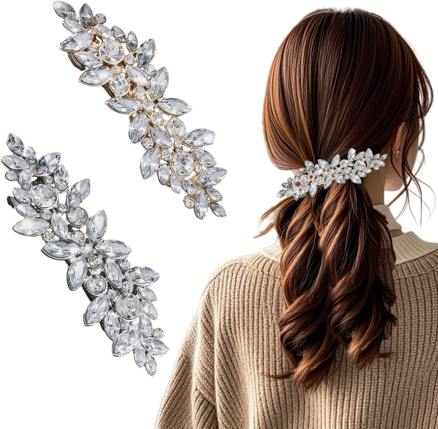 2 Pieces Rhinestone Hair Pins, Shiny Crystal Hair Accessories, Flower Shaped Side Clips, Bridal Headpiece, Suitable for Wedding and Dinner (Gold, Silver)