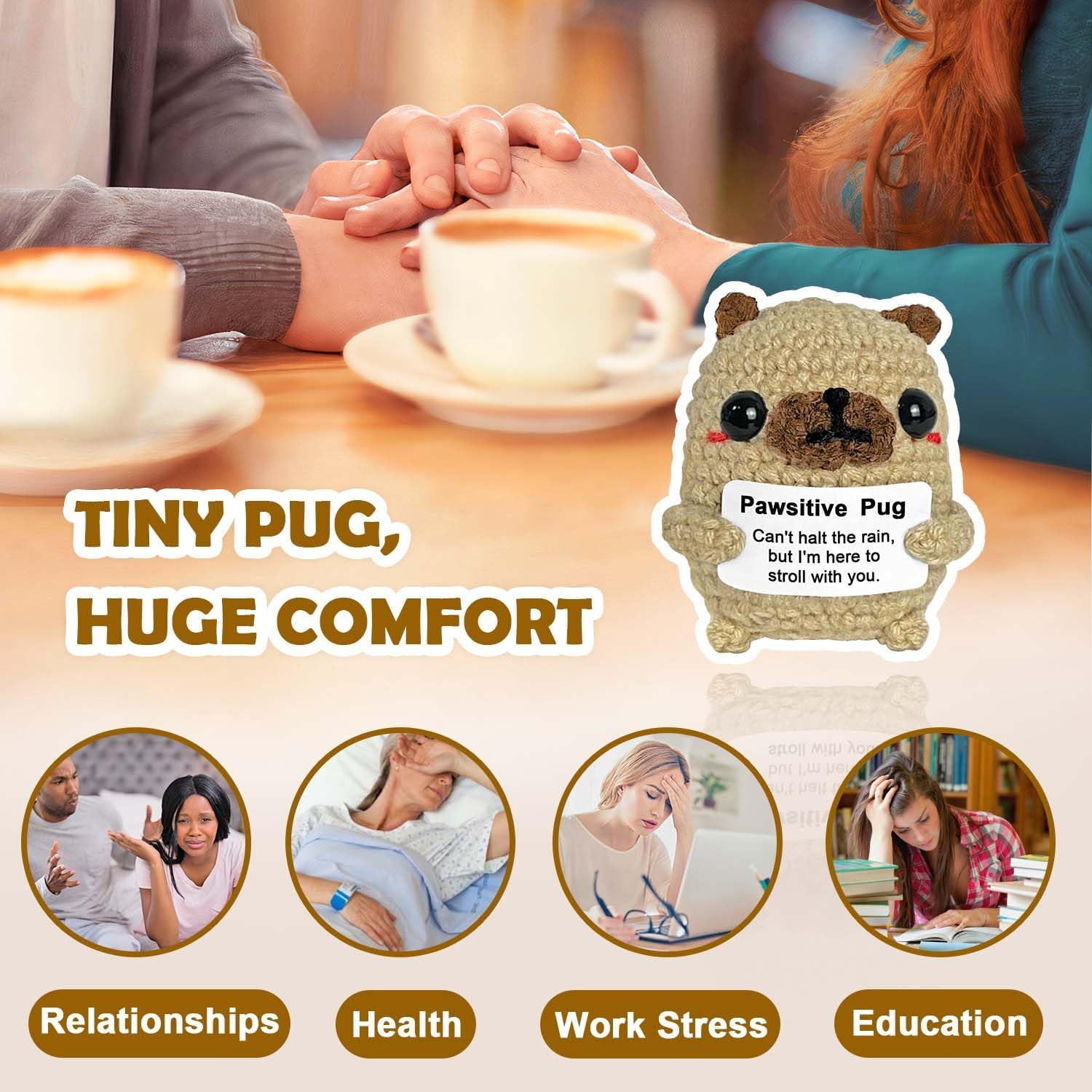 Pug Gifts for Pug Lovers, Positive Crochet Animals Dog, Mini Cute Pug Decor, Inspirational Encouragement Thinking of You Gifts for Women Best Friends