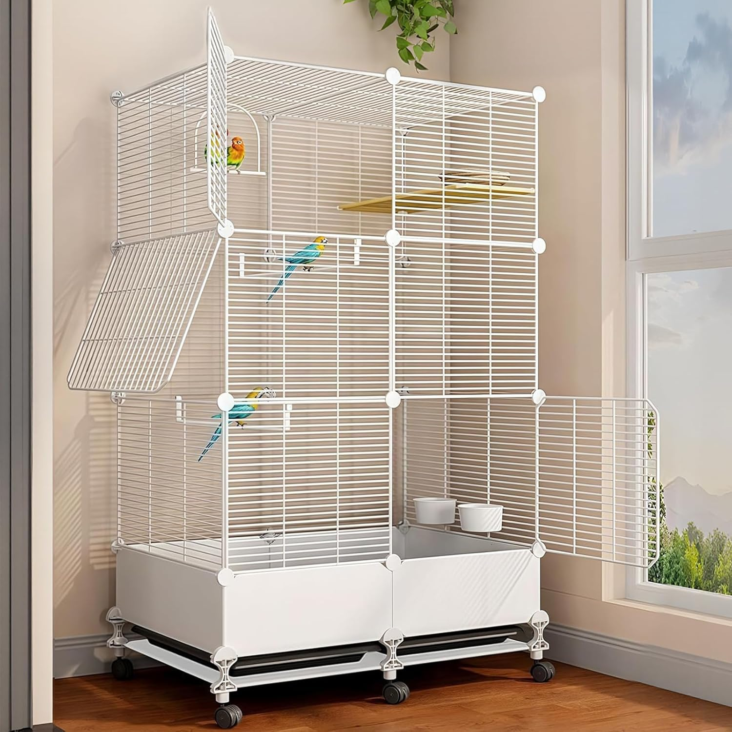 Uandhome Bird Cage for Parakeets,Parrotlets, Cockatiels, Budgie Finch Lovebird Canary Pet Bird,Splash-Proof Food, Easy to Install and Clean,Accessories Included (White) image number 4