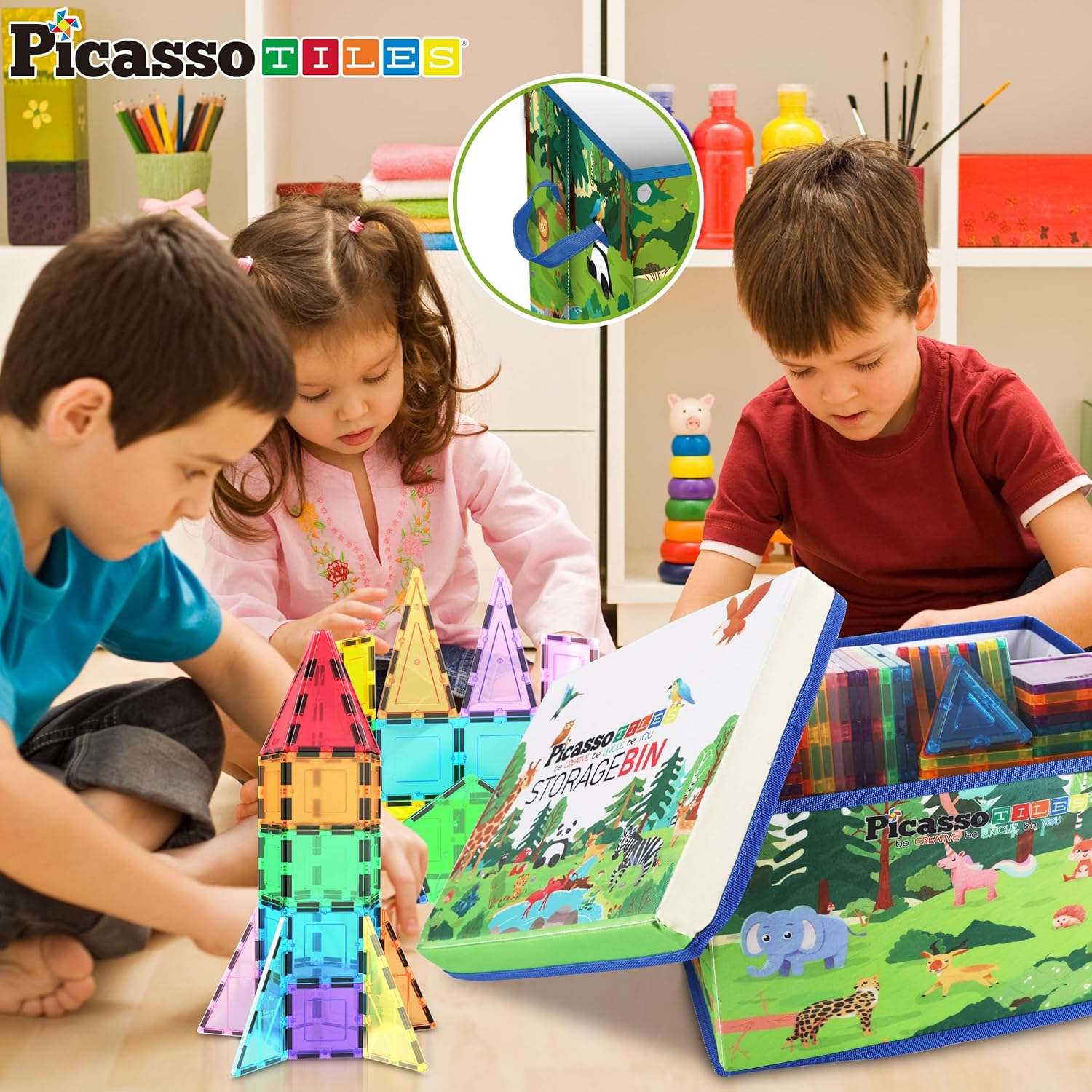 Picassotiles Foldable Toy Storage Chest Box Forest Animal Theme Magnet Tile Organization Bin with Lid and Handles Magnetic Tiles Playroom Organizer STEM Early Educational Toys Boys Girls Ages 3+ PTA34 image number 1