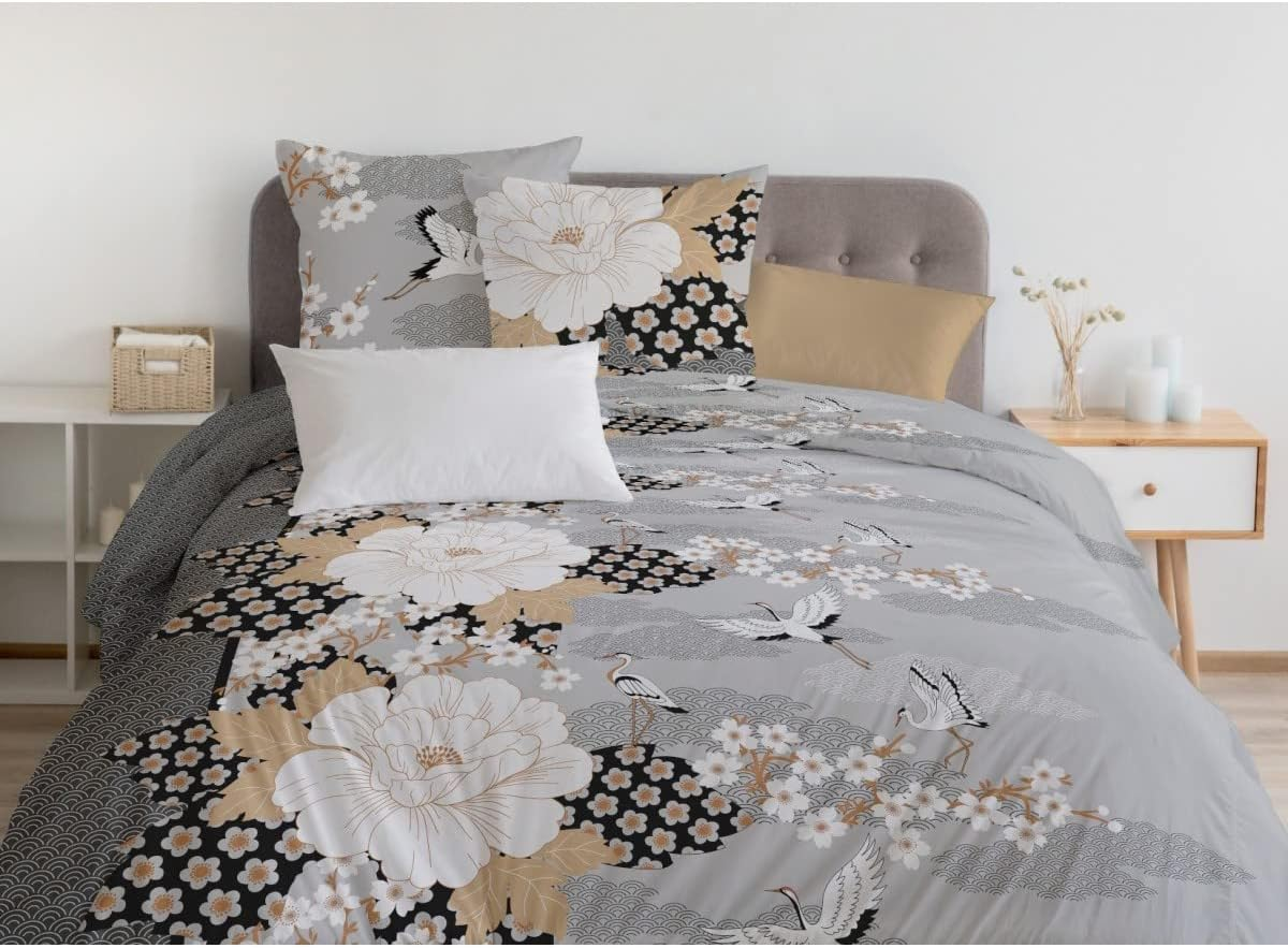 Home Linge Passion 3-Piece Bedding Set 220 X 240 Cm 100% Cotton 57 Thread Count, Light Grey & Dark Grey, 220X240Cm