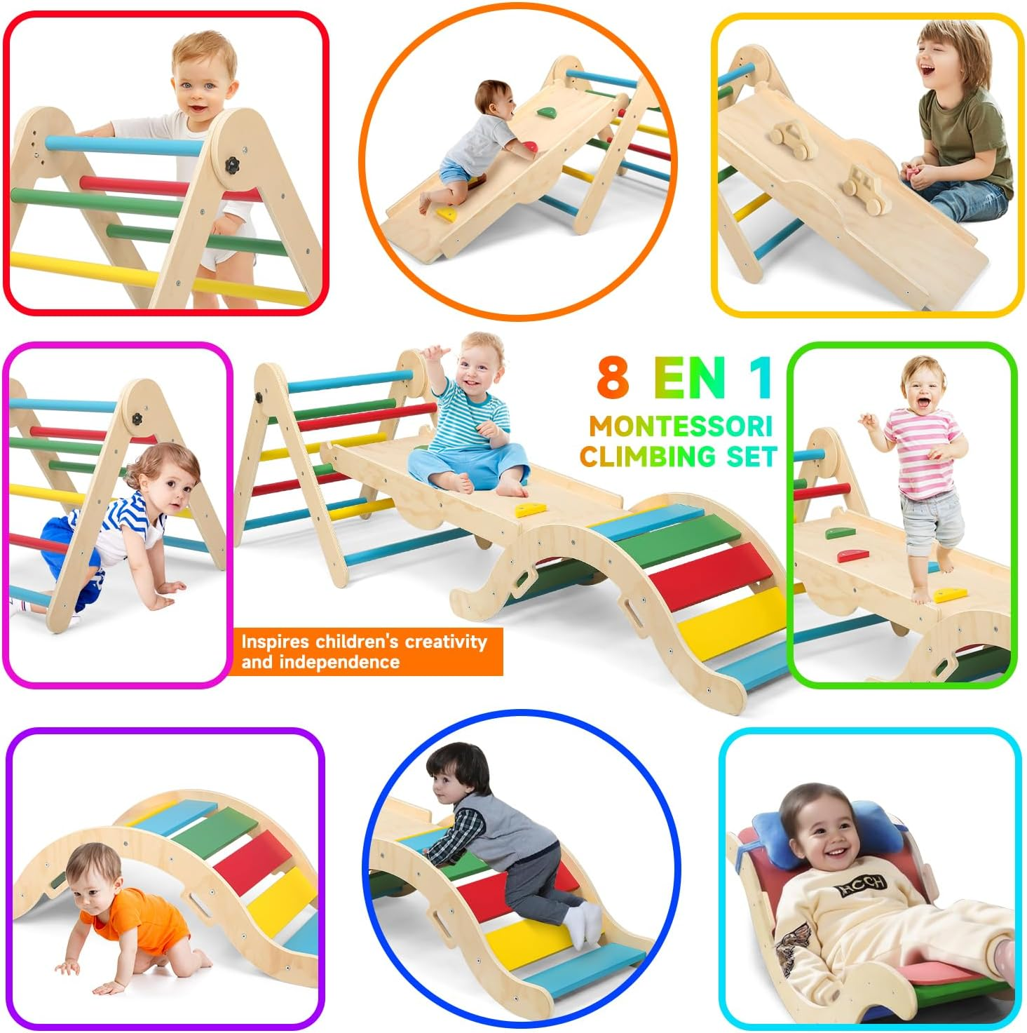 Omebel 8-In-1 Foldable Pikler Climbing Set | Baby Climbing Gym with Triangle, Ramp, Slide & 2 Toy Cars | Montessori Toys for Toddlers to Develop Motor Skills | Indoor Kids Climbing Frame (Natural) image number 3