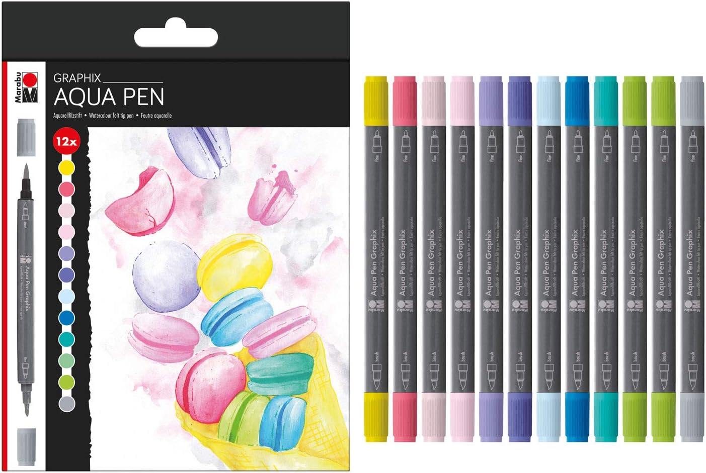 Marabu 014500000105 - Aqua Pen Graphix, Ice Ice Baby, Watercolour Felt Pens in Set with 12 Colours, Brilliant Colours, Water-Based Ink, with Double Tip, Watercolour Paper image number 5