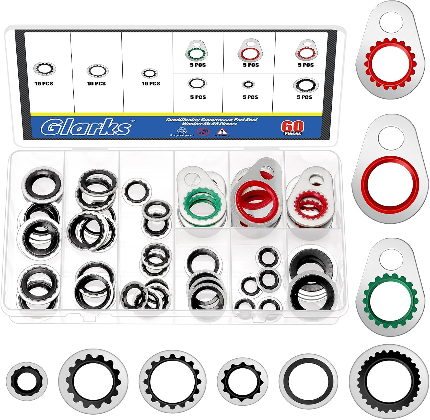 Glarks 60Pcs Air Conditioning Compressor Port Seal Washer Kit, BC-6004 BC-6005 BC-6001 BC-6003 BC-6002 BC-6003A BC-6010 BC-1700219 BC-6009 AC Port Seal Washer Kit, A/C Compressor Seal Washers Kit image number 5