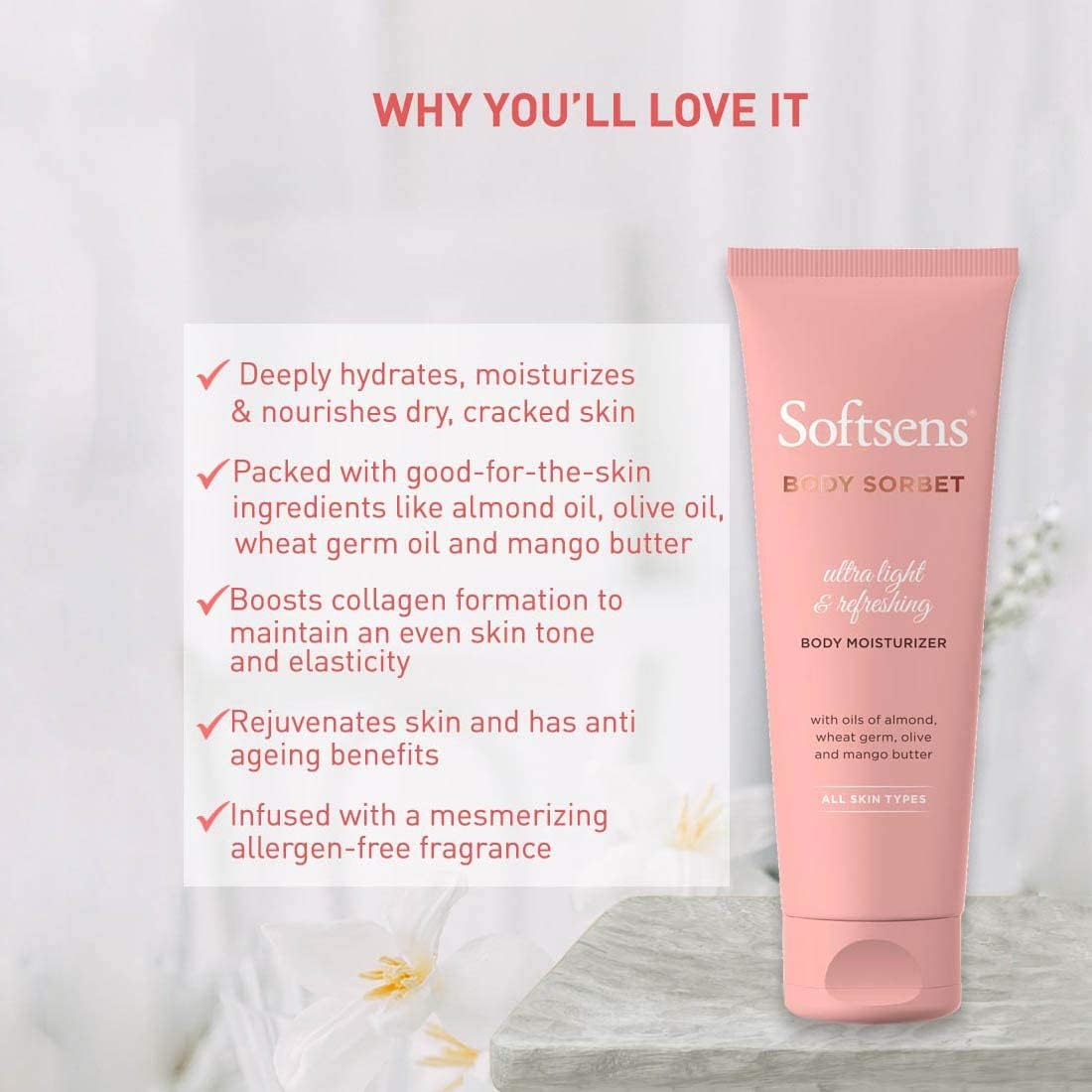 Softsens Moisturizing Body Sorbet Luxurious Body Moisturizer & Hand Cream Silky Soft & Smooth Skin, 100 Gm image number 5