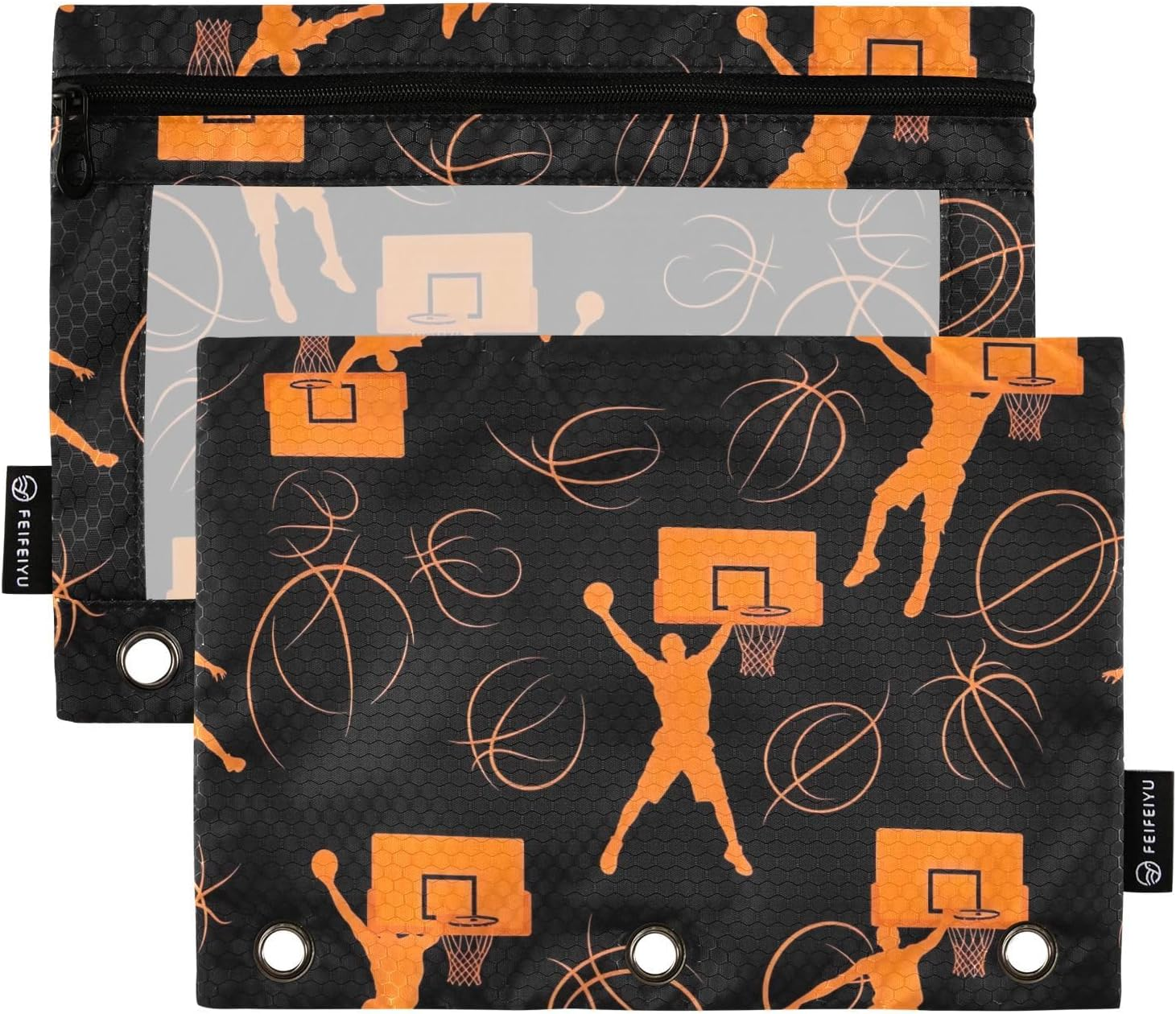 Orange Basketball Players Black Pencil Zipper Pouch with Clear Window for Home/Office/School Supplies, 2 Pack