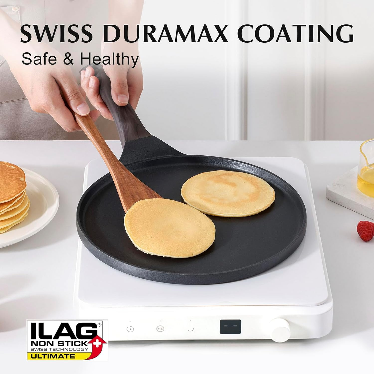 SENSARTE Black Crepe Pan 30 Cm Non-Stick Pan Omlette Pan Pancake Flat Pan with Swiss Granite Non-Stick Coating, Bakelite Handle, Induction Compatible, Pfoa-Free