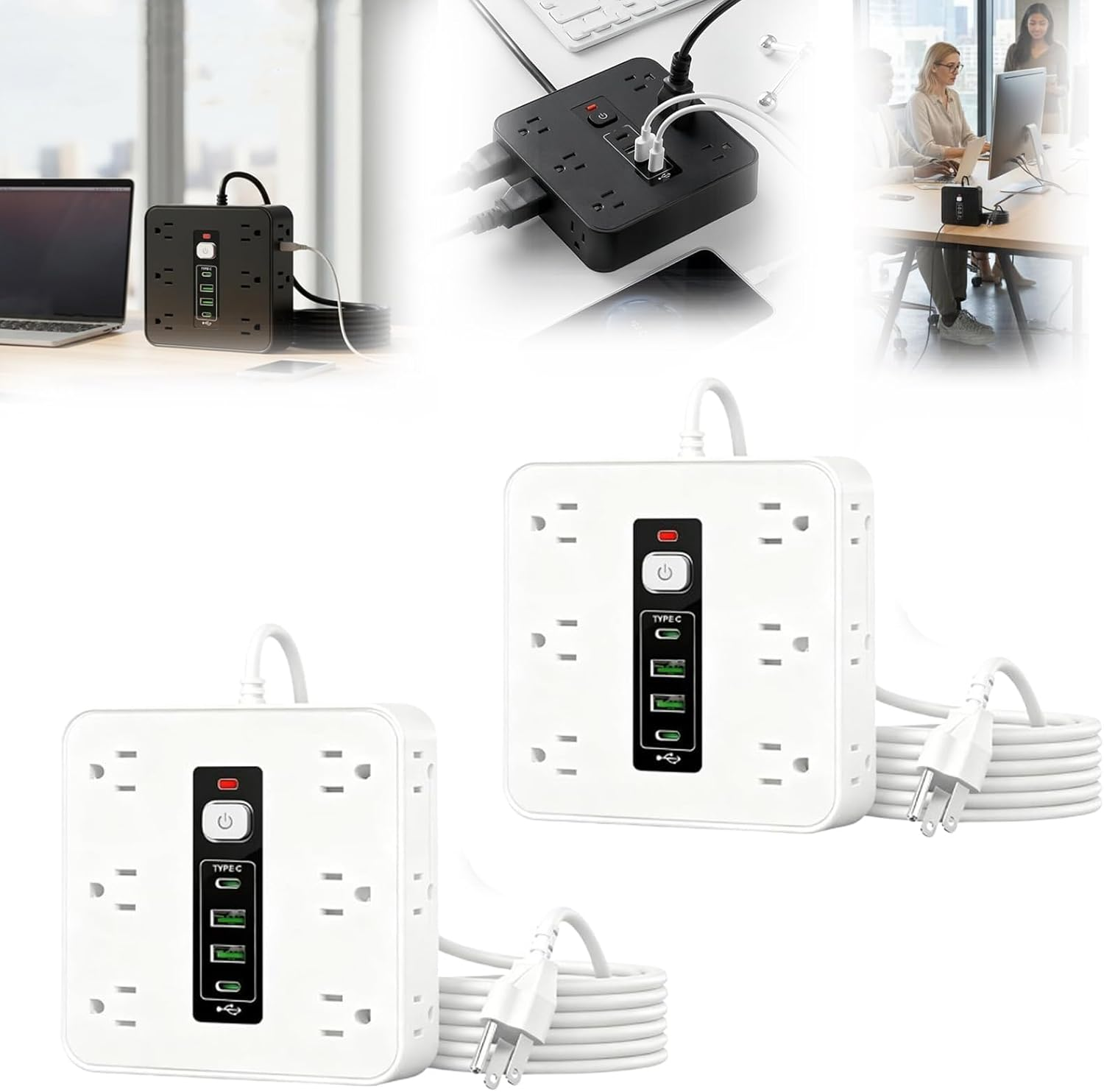 16-In-1 Power Strip with Switch & Surge Protection, ETL Listed Fireproof Power Strip,16 in 1 Power Strip Surge Protector with 12 Ac Outlets,2 USB-A Ports, 2 Type-C Port, for Home (Black*2)