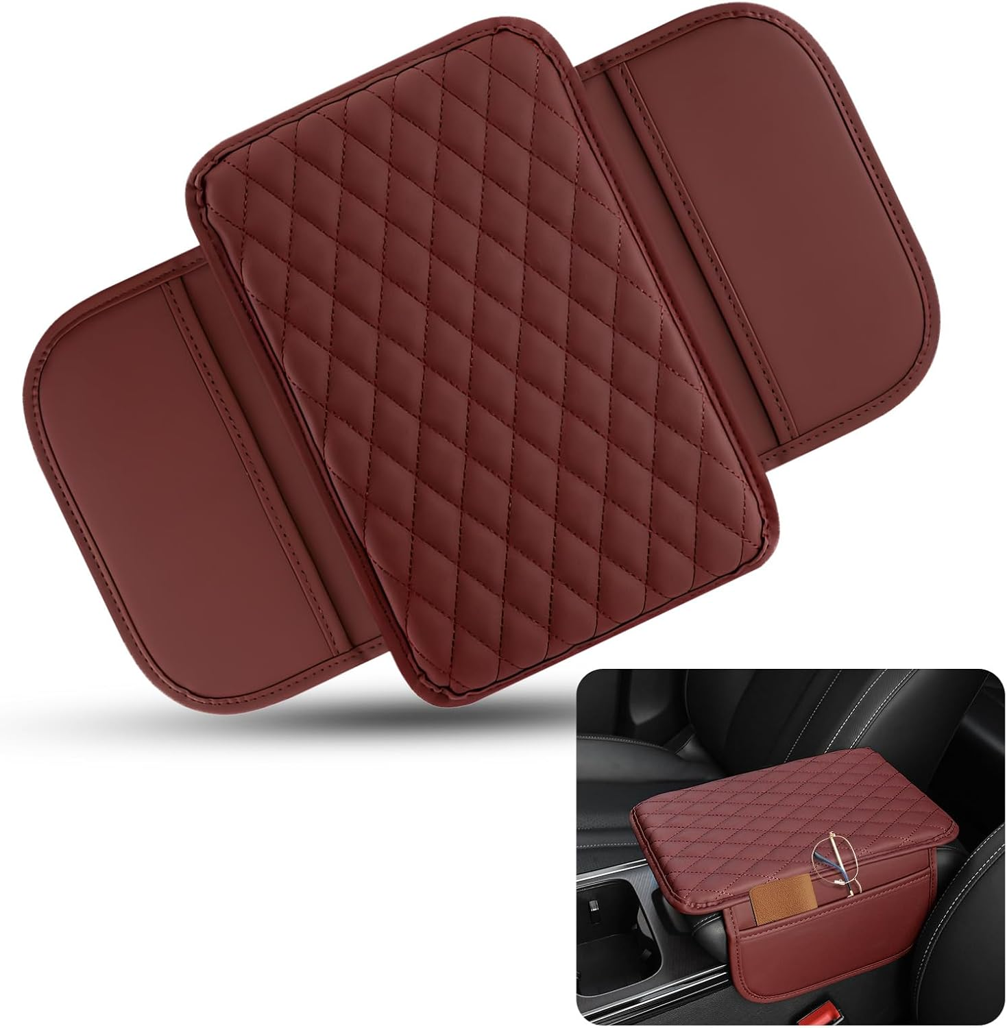 Huakaile Red Car Console Cover, Leather Car Center Console Cushion Pad with Sided Pockets, Protective Car Armrest Cushion for Most Kinds of Vehicles Interior Accessories image number 4
