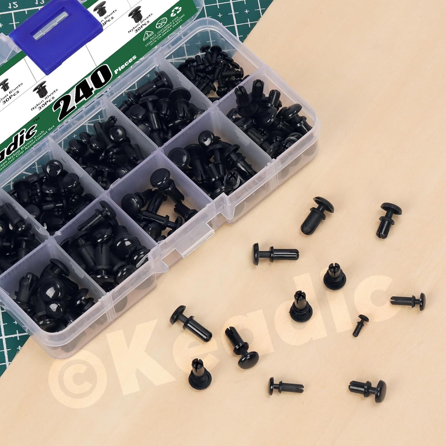 Keadic 240Pcs 8 Sizes Nylon Rivets Push Type Panel Retainer Fastener Clip Assortment Set, Black PCB Circuit Panel Fasteners for Car Bumper Door Trim Interior Panels