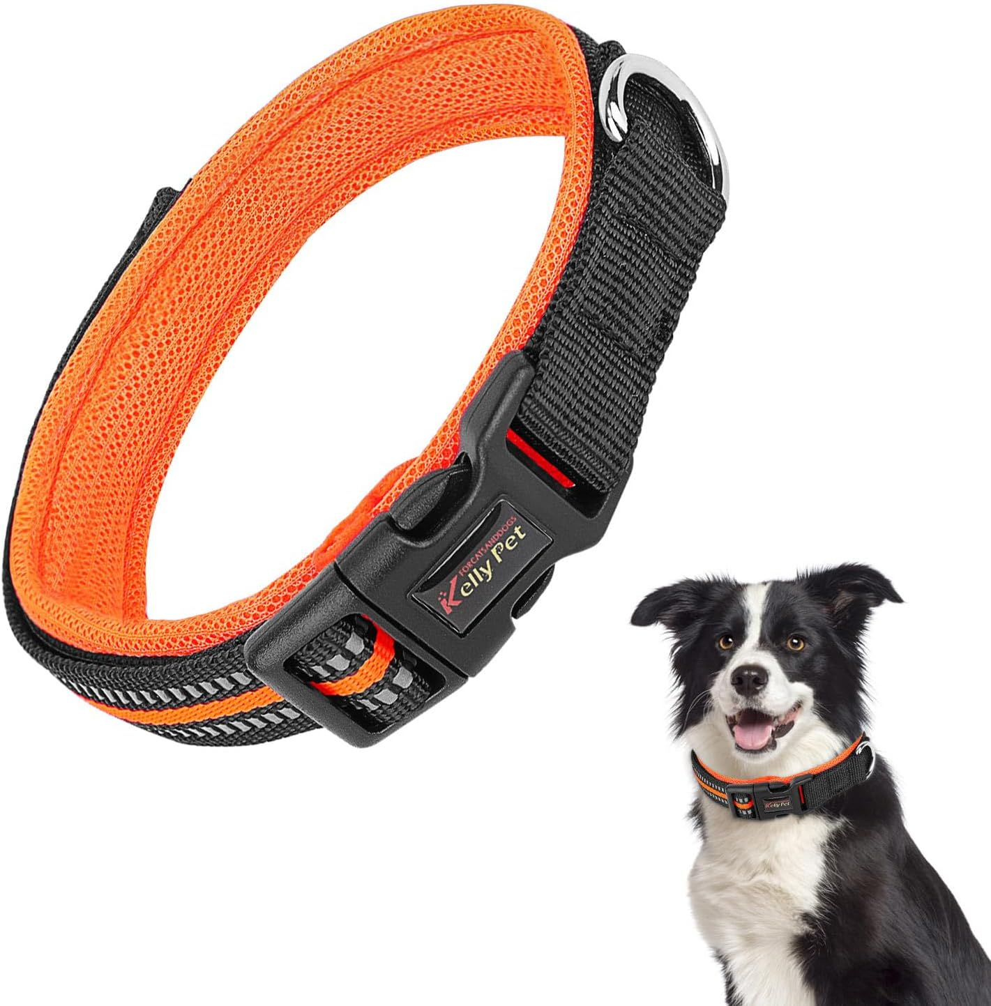 AUTOWT Reflective Dog Collar, Soft Neoprene Padded Breathable Nylon Pet Collar, Adjustable Classic Puppy Collars with Safety Locking Buckle for Small Medium Dogs Walking (Orange, S)