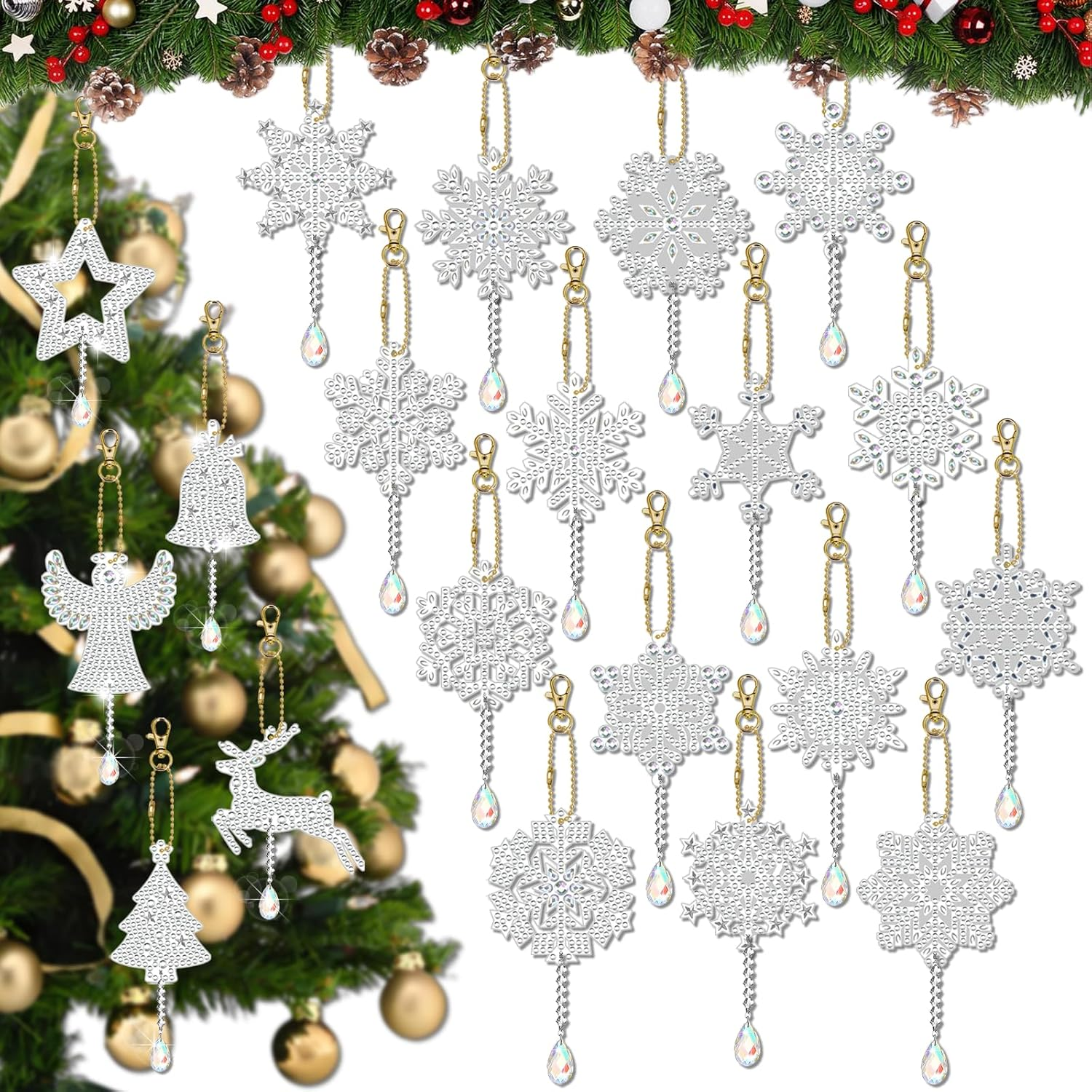 MATHARAGO 20 Pcs Snowflakes Diamond Art, 5D DIY Double-Sided Christmas Ornaments Pendants, Diamond Painting Keychains for Christmas and Daily Decoration（Various）