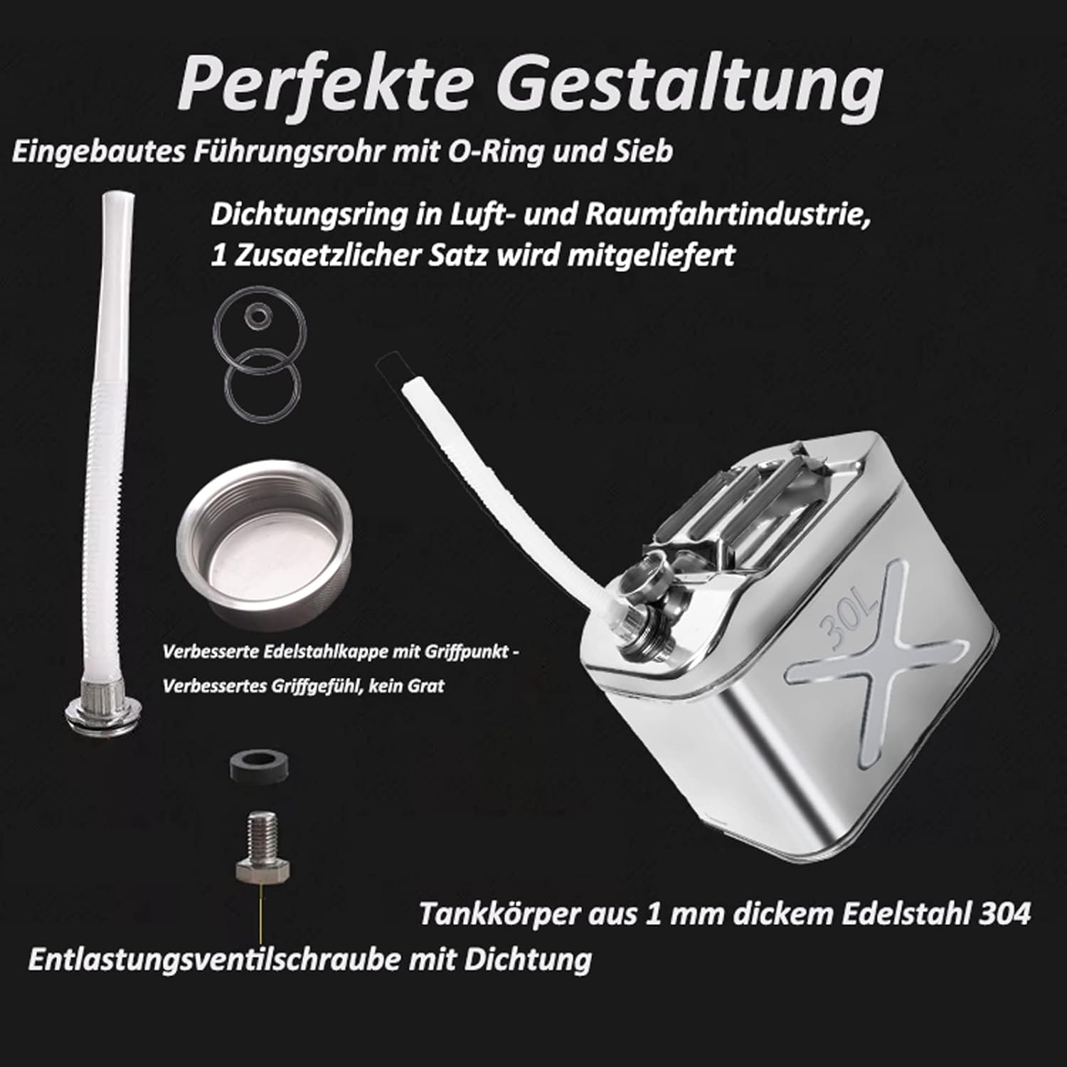 Petrol Can 30 Litres Made of Thickened 1 Mm 304 Stainless Steel, Petrol Can 30 L Metal with Built-In Spout image number 1