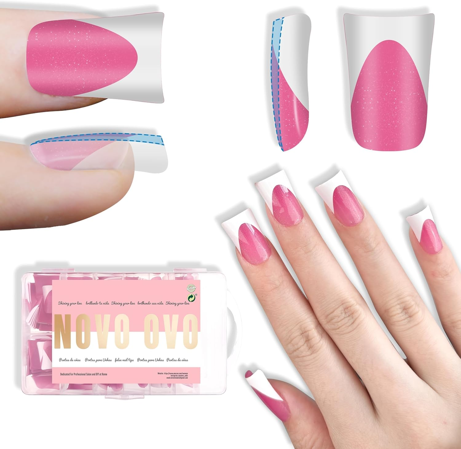 NOVO OVO Short Duck Nail Tips French Tip Press on ROSE PINK with Glitter, Pre-Designed Soft Gel Nail Extension, Pre-Applied Tip Base Coat, Full Cover Acrylic False Nails for DIY X 12 Sizes 240 Pcs - Nail Tips For Men Short Square Round 320_Eu image number 4