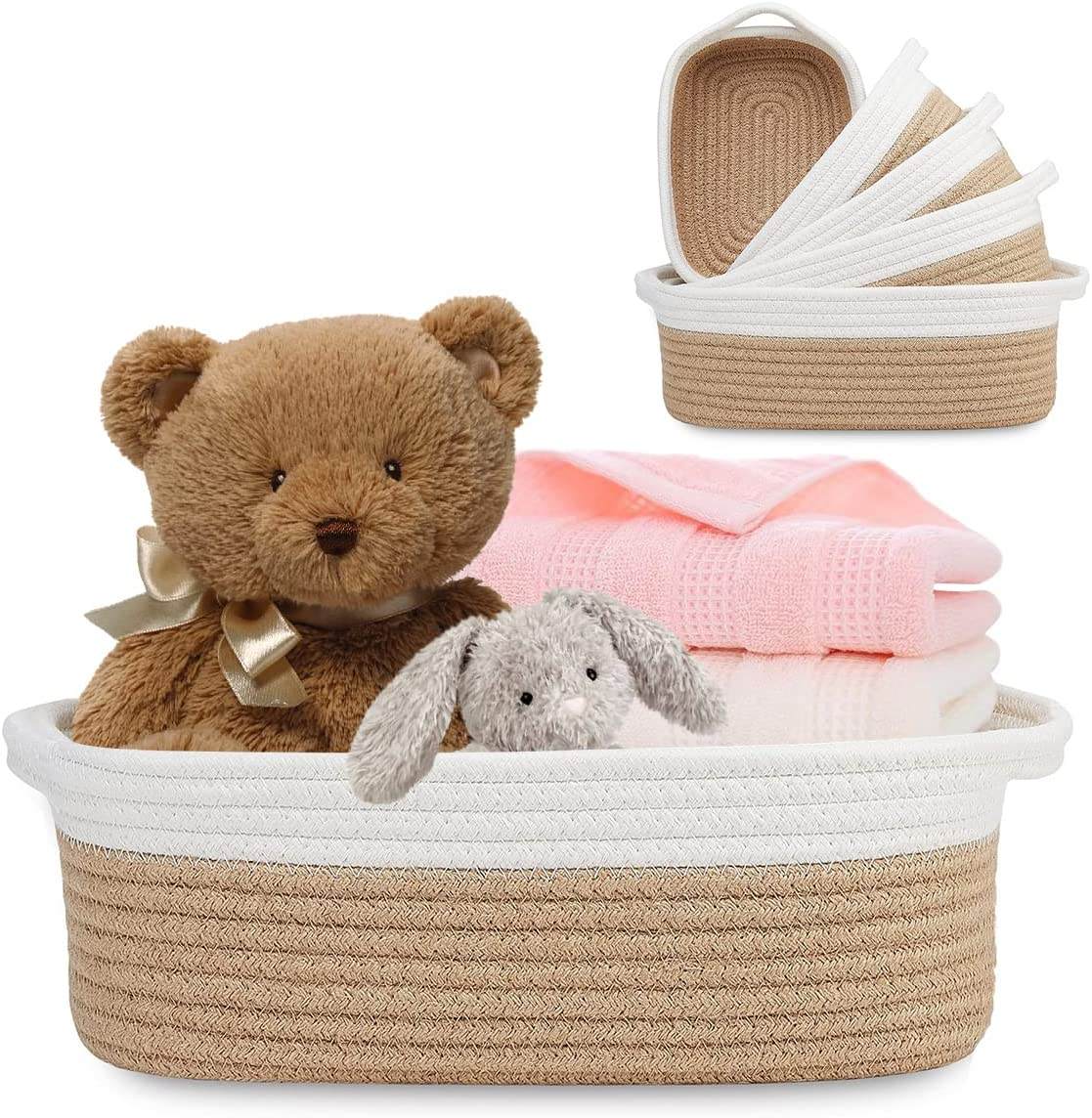 5-Piece Rectangle Storage Basket Set, Cotton Rope Woven Baskets Bins with Handles for Montessori, Baby Nursery, Dog Toy Baskets, Cat Toy Box, Bathroom Organization Bin (Rectangle, Brown) image number 5