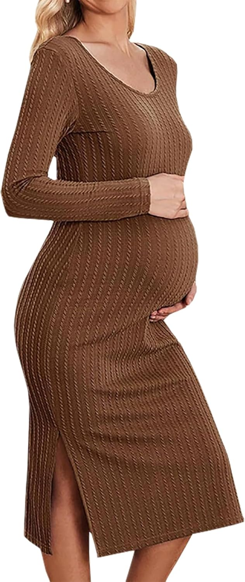 Side Slit Rib Knit Maternity Dress Long Sleeve Bump Fit Midi Dress for Baby Shower