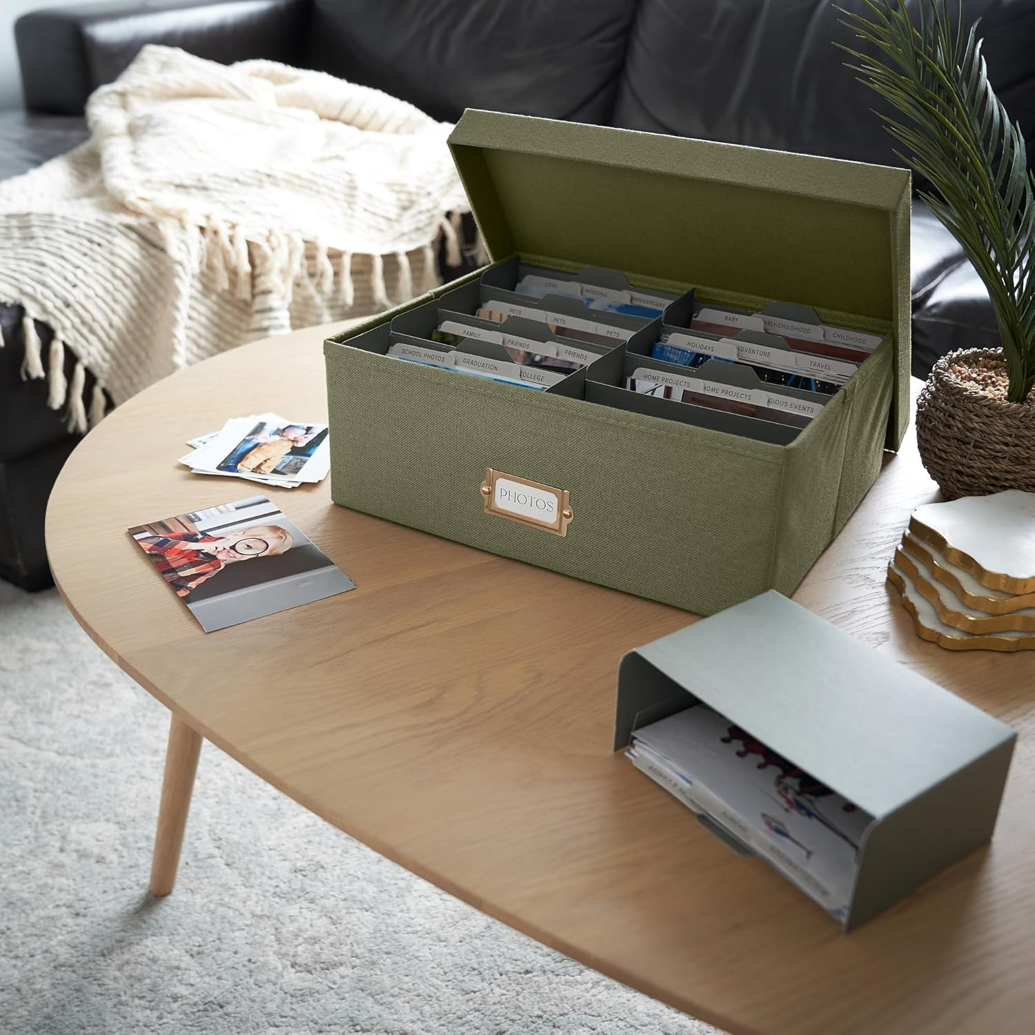 ZICOTO Decorative Photo Storage Box - Sturdy Linen Photo Organizer with Dividers Is Perfect to Store up to 1700 Pictures and 4X6 Photos - Portable Scrapbook Storage Containers with Lid