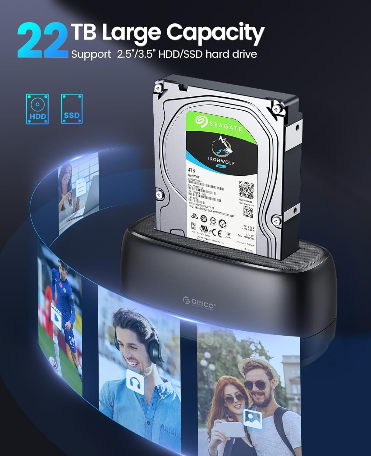 ORICO External Hard Drive Docking Station for 2.5/3.5 Inch HDD SSD USB 3.0 to SATA Hard Drive Dock up to 20TB Support UASP 12V Power Adapter image number 1