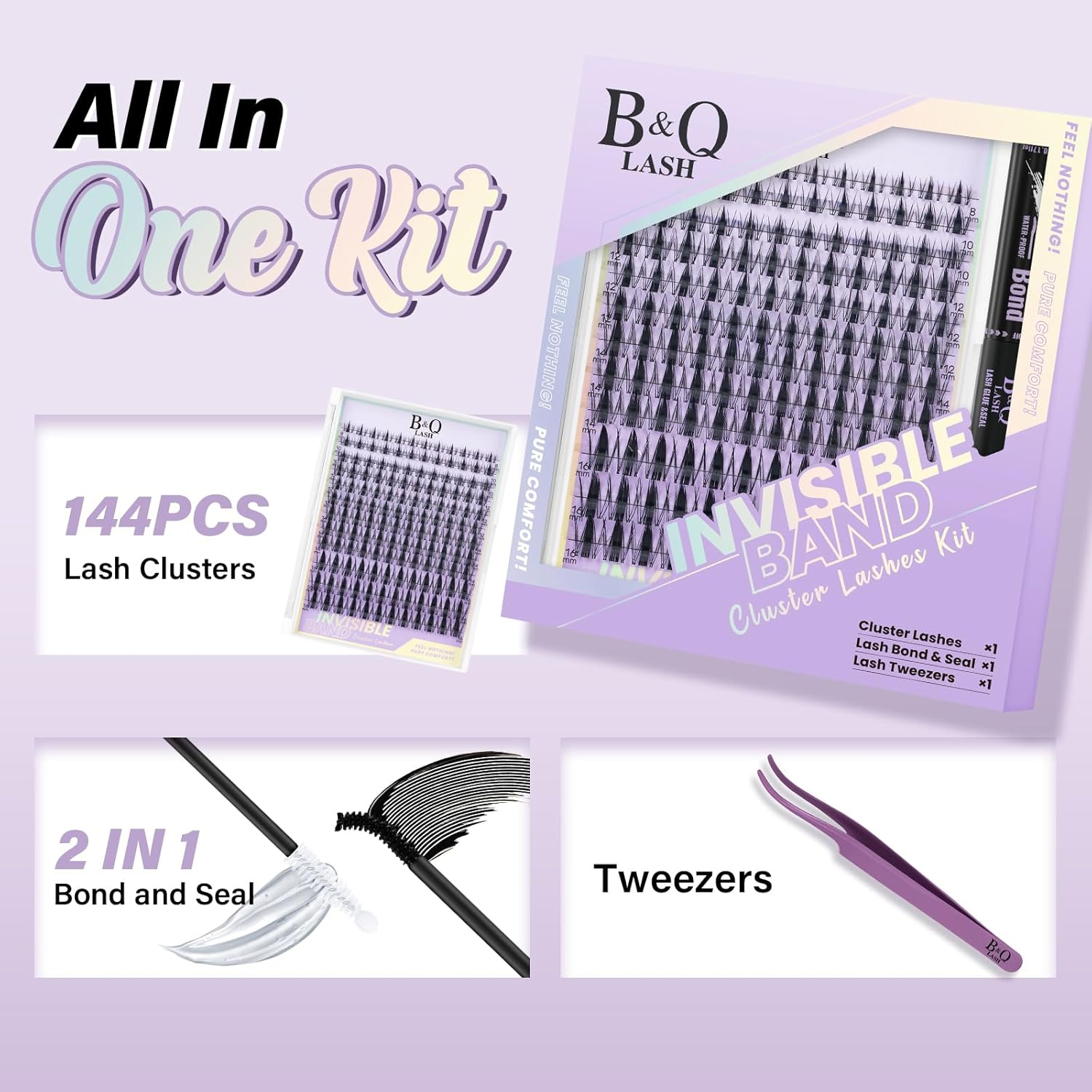 B&QLASH Fairy Lash Clusters Kit 8-18 MIX Natural Lashes Clusters Manga Lashes Invisible Band 144 Pcs Eyelash Extension Set with Lash Bond and Seal&Tweezer (Set-Fairy)