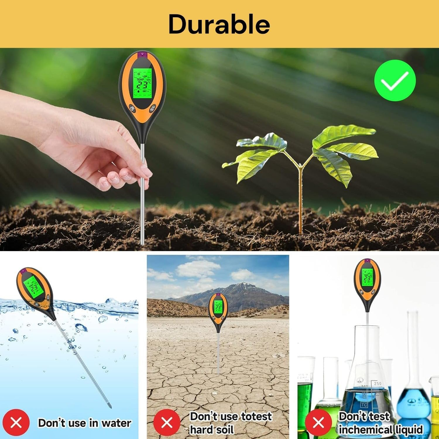 EZONEDEAL Soil Moisture Meter, Digital PH Meter, Soil Moisture, Plant Temperature, Soil Test Meter for Garden, Lawn, Plant Care, Farm & Indoor Outdoor Plants, Plant Water Monitor image number 6