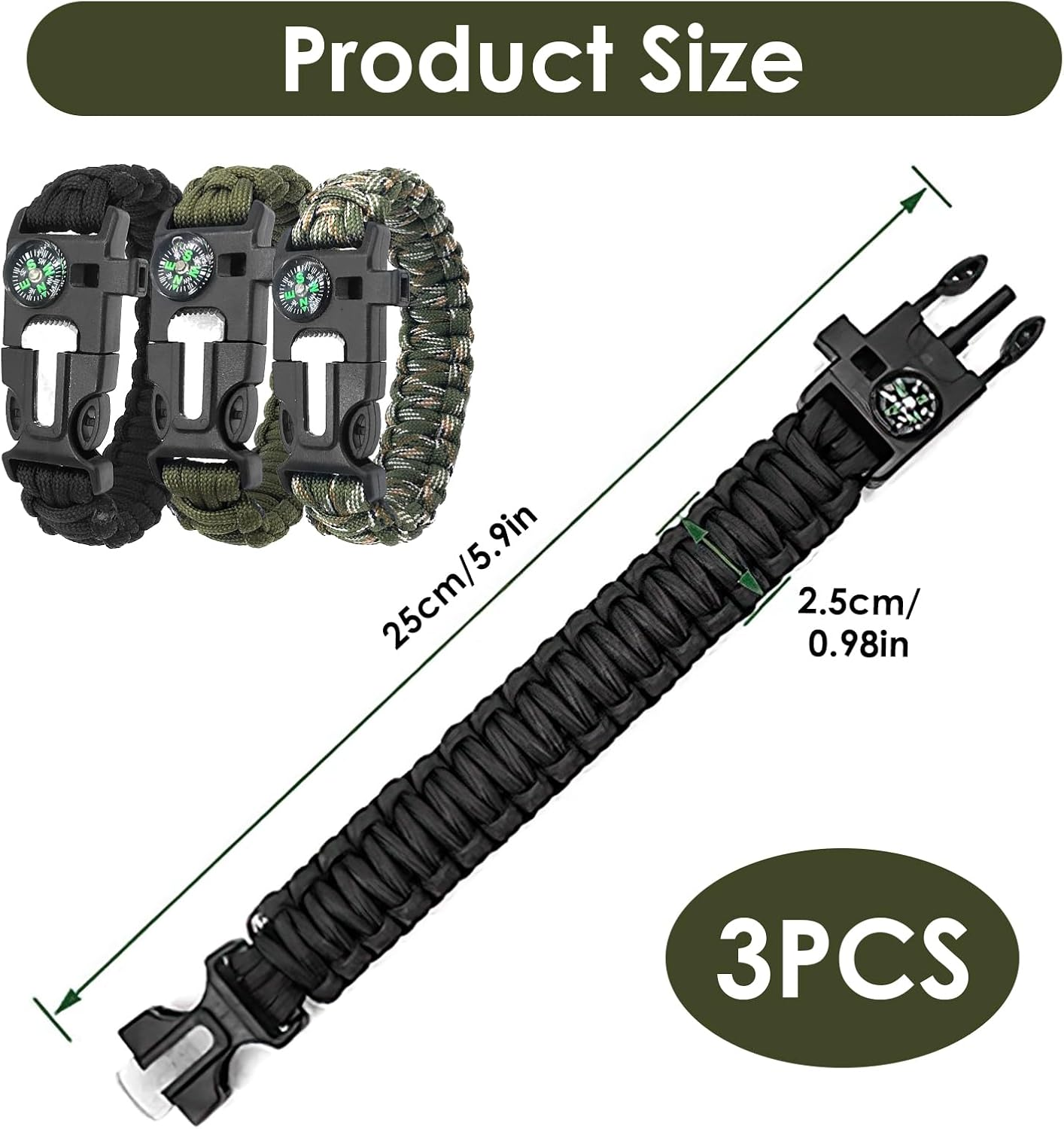 3 Pcs Adjustable Paracord Bracelets Kit - Ourtdoor Survival Bracelets with Fire Starter, Loud Whistle & Precision Compass, Durable & Lightweight for Camping, Hiking, Hunting (Black, Army Green & Camo) image number 6